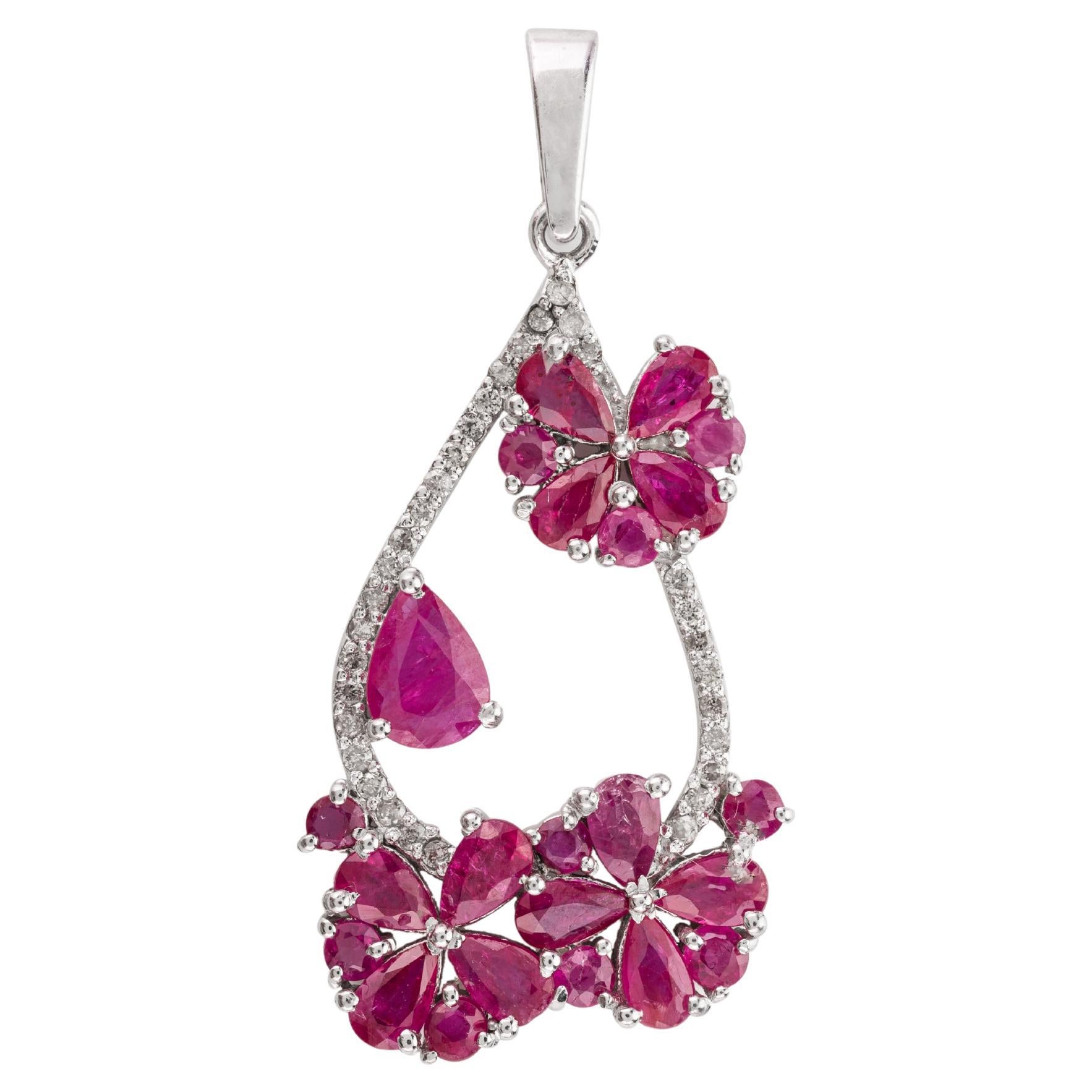 925 Sterling Silver Genuine Ruby Floral Wedding Pendant for Women For Sale
