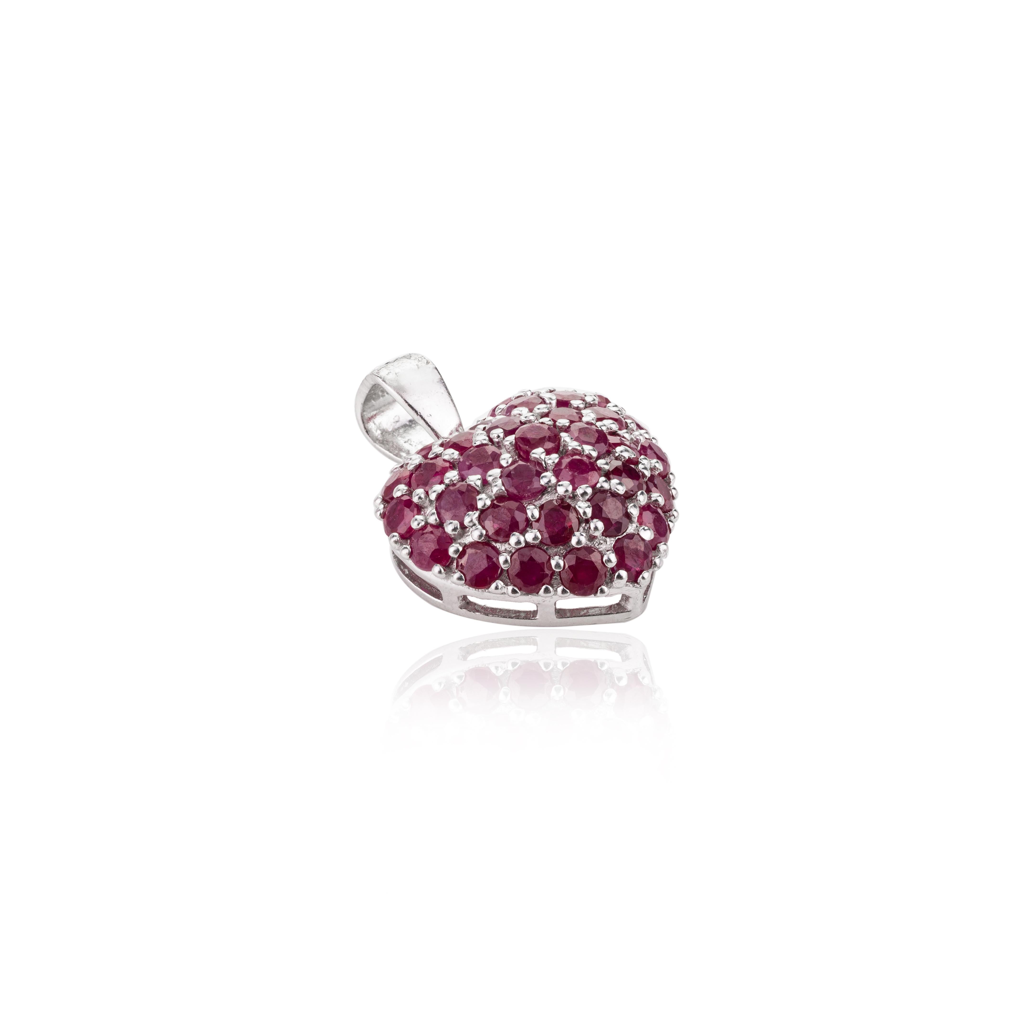 Art Deco .925 Sterling Silver Genuine Ruby Studded Heart Pendant Gift for Her For Sale