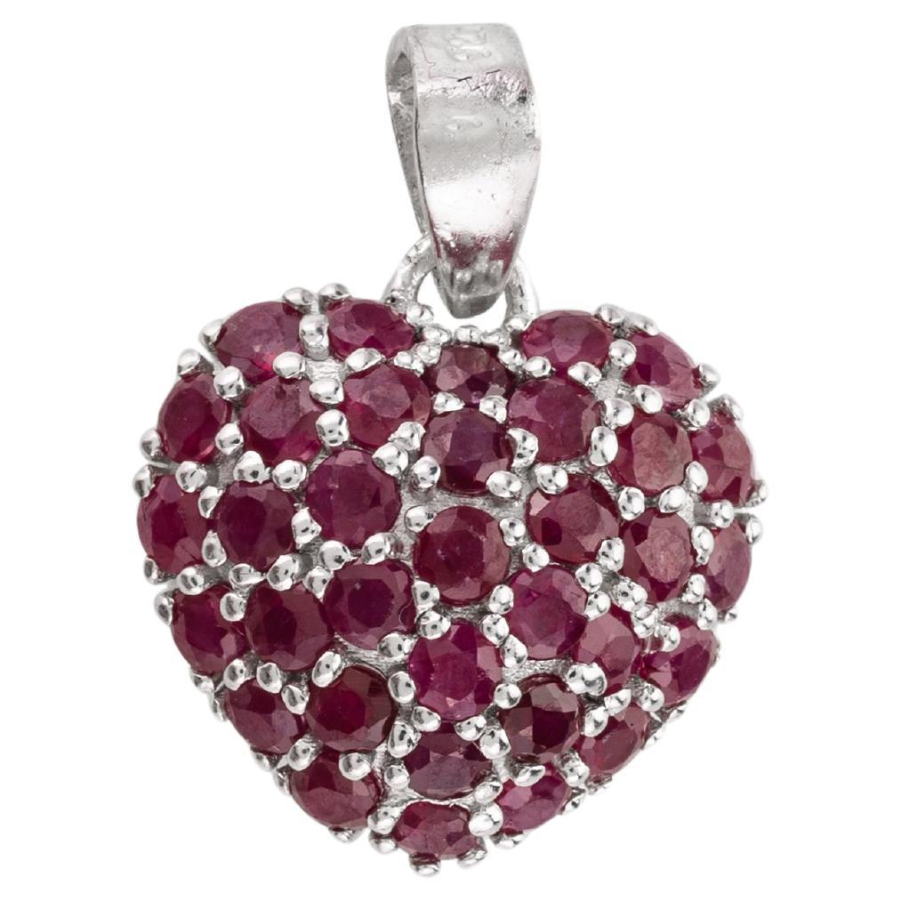 .925 Sterling Silver Genuine Ruby Studded Heart Pendant Gift for Her For Sale