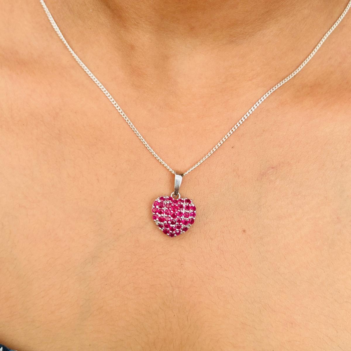 925 Sterling Silver Genuine Ruby Studded Heart Pendant Gift for Mom Jewelry In New Condition For Sale In New York, NY
