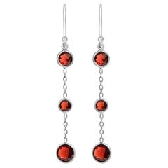 .925 Sterling Silver Graduating Bezel Set Red Garnet Dangle Earring