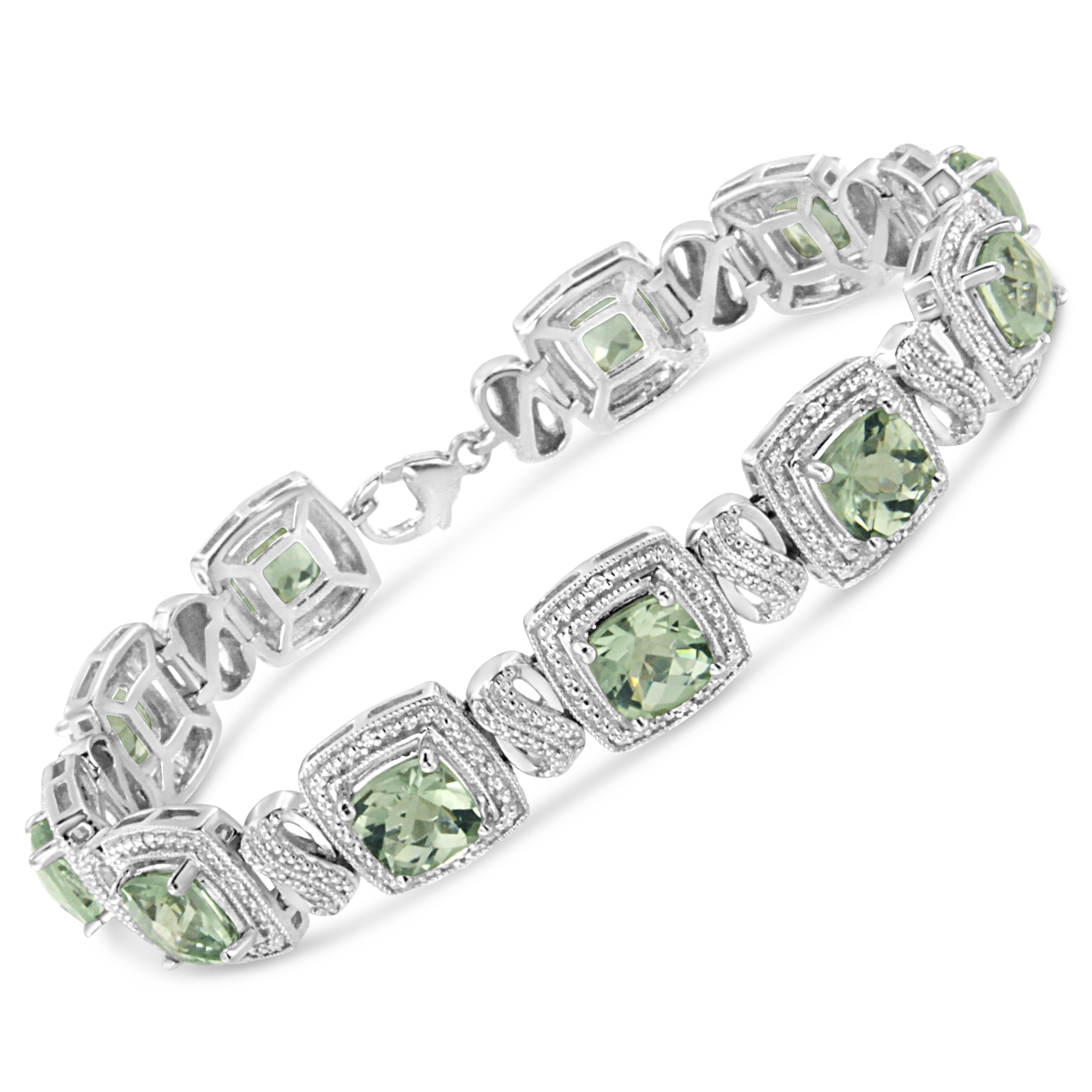 Make a glistening fest for your sweetheart's wrist with this sparkling green amethyst and diamond bracelet. Styled in remarkable sterling silver this square shape bracelet is embellished with 11 alluring prong set cushion cut green amethyst