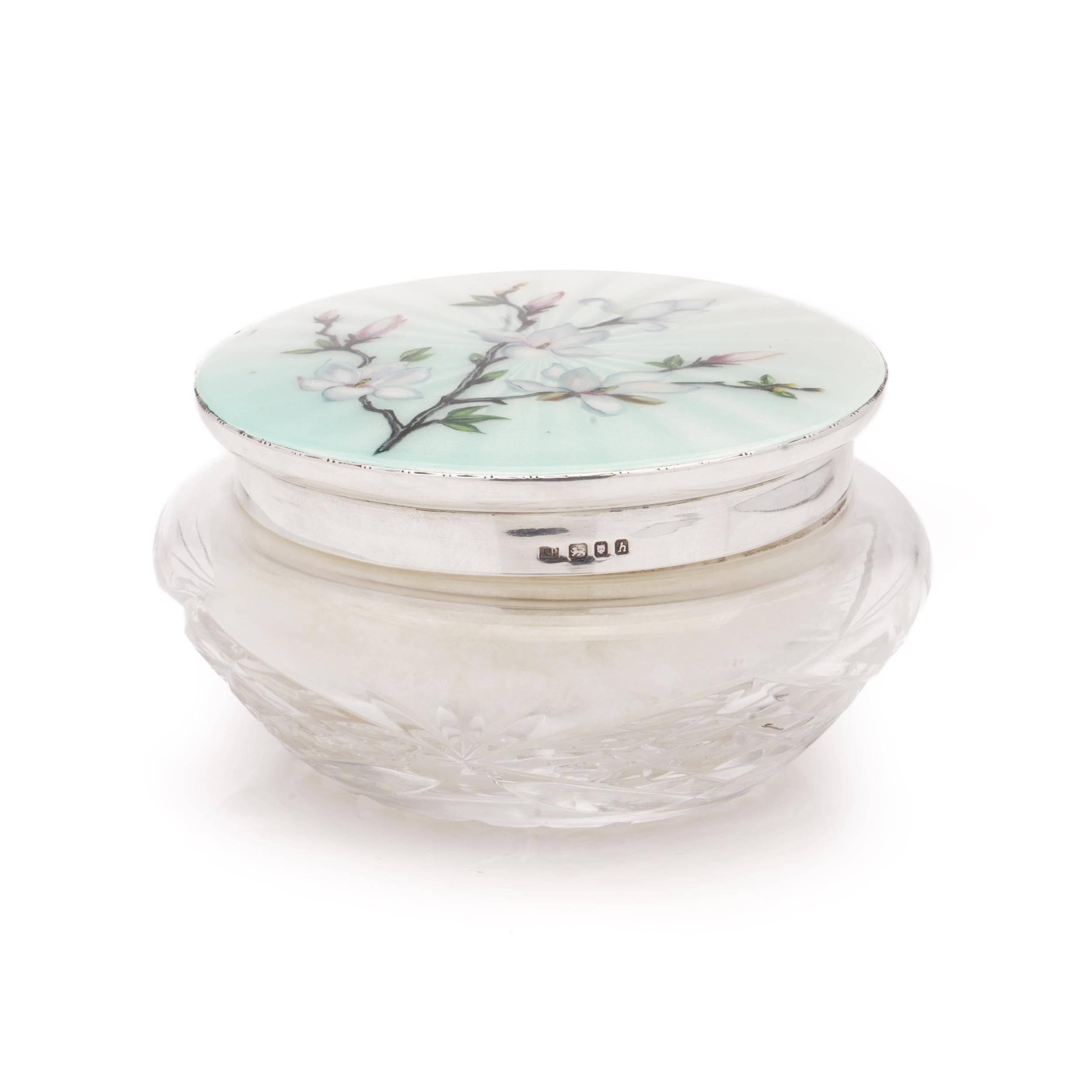 British 925 Sterling Silver Guilloche Enamel and Cut Glass Compact Powder Jar, 1963 For Sale