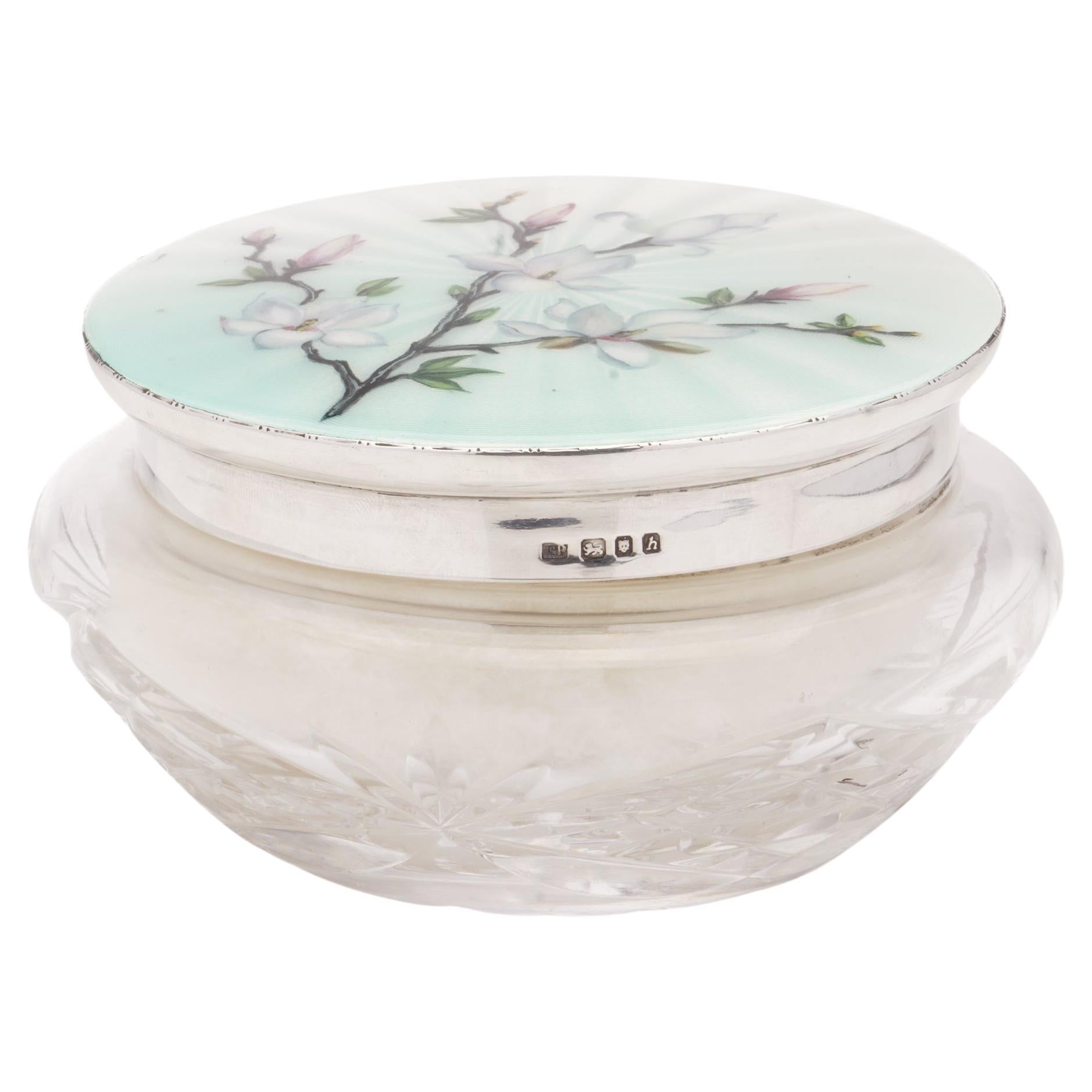 925 Sterling Silver Guilloche Enamel and Cut Glass Compact Powder Jar, 1963 For Sale