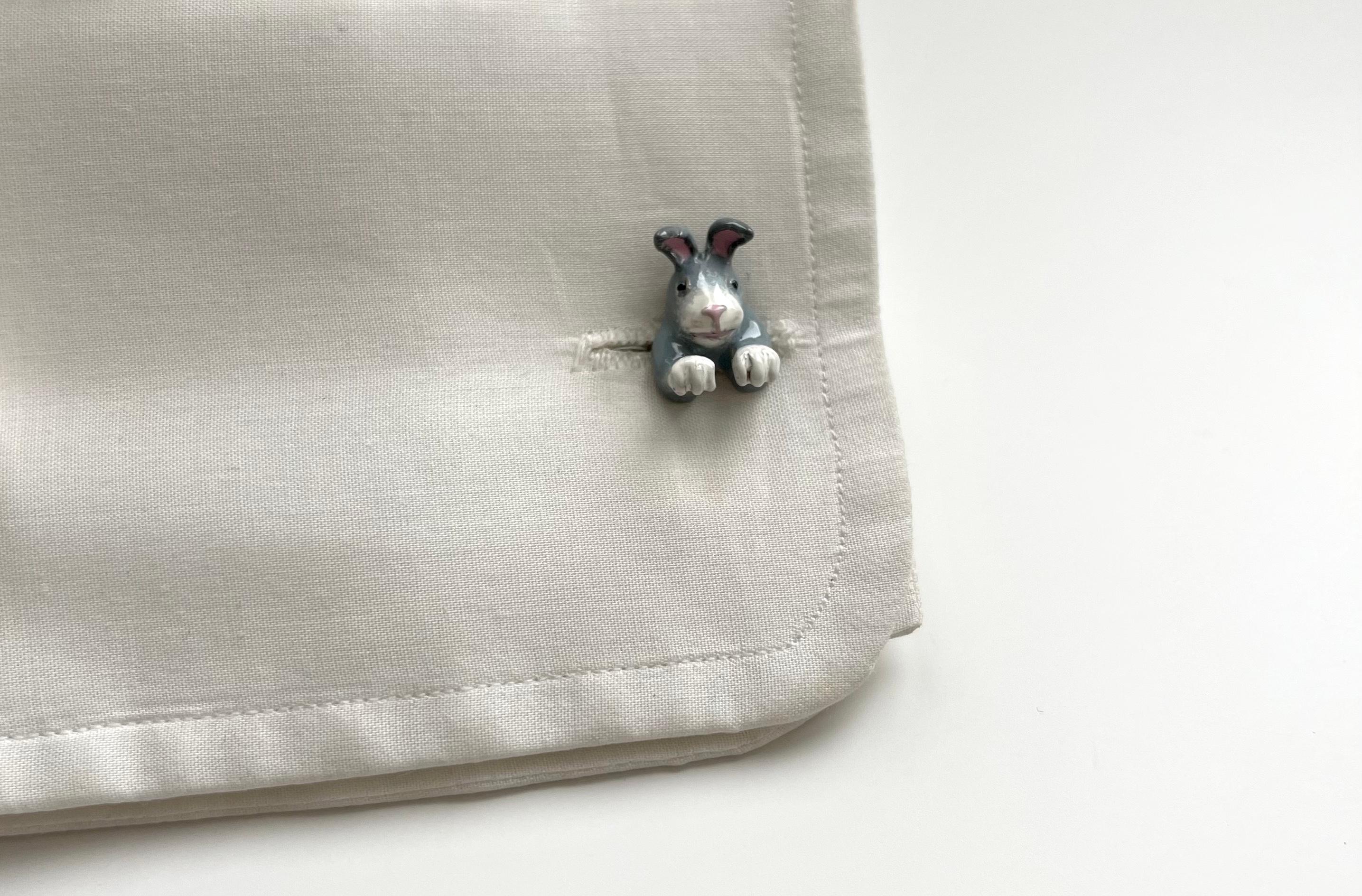 925 Sterling Silver Hand Painted Enamel  Rabbit Cufflinks For Sale 4