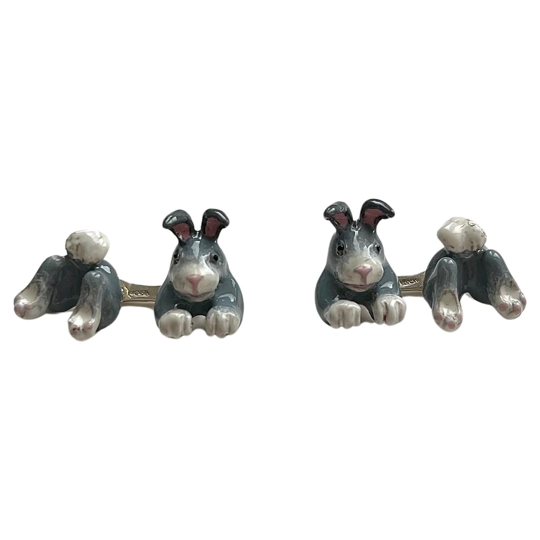 925 Sterling Silver Hand Painted Enamel  Rabbit Cufflinks For Sale