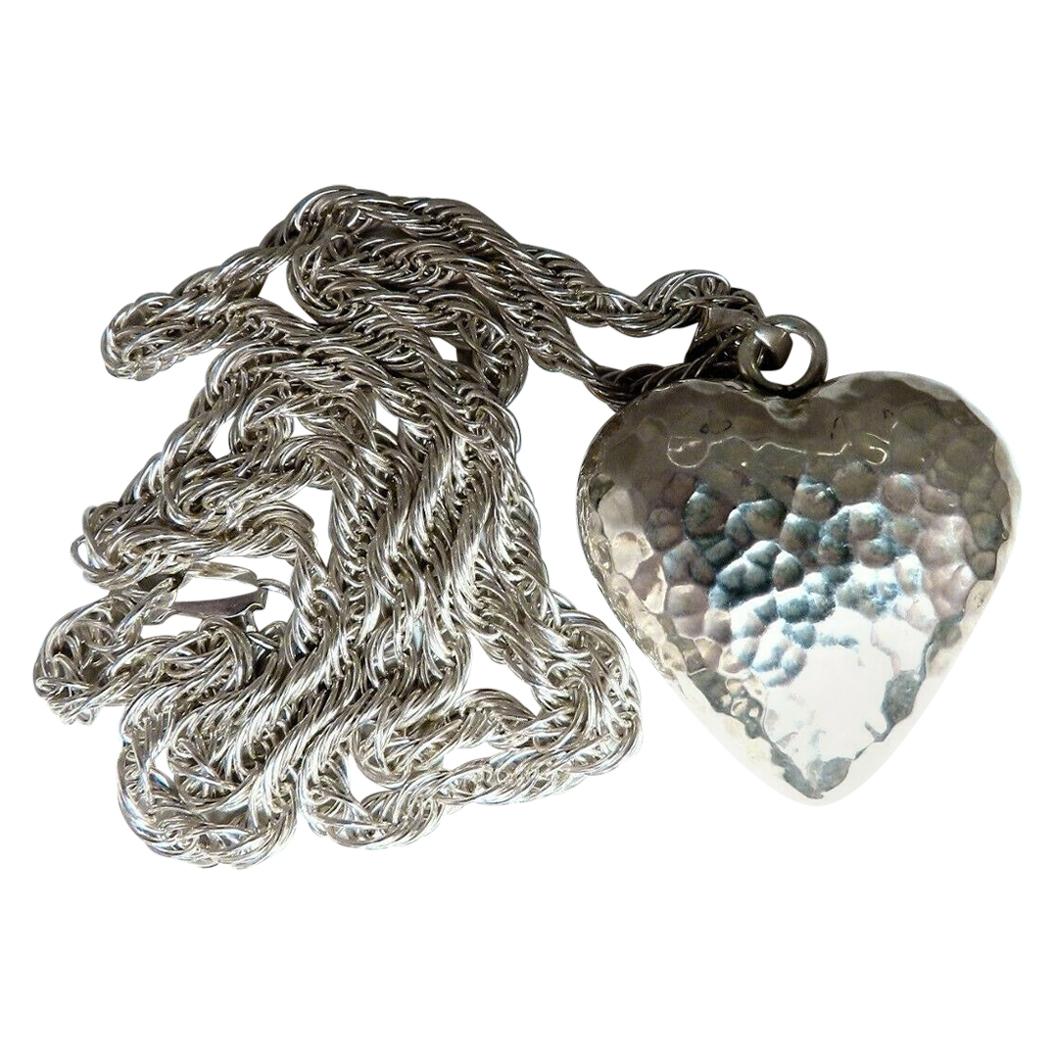 925 Sterling Silver Heart Charm Necklace Sound Motion Hammered Texture