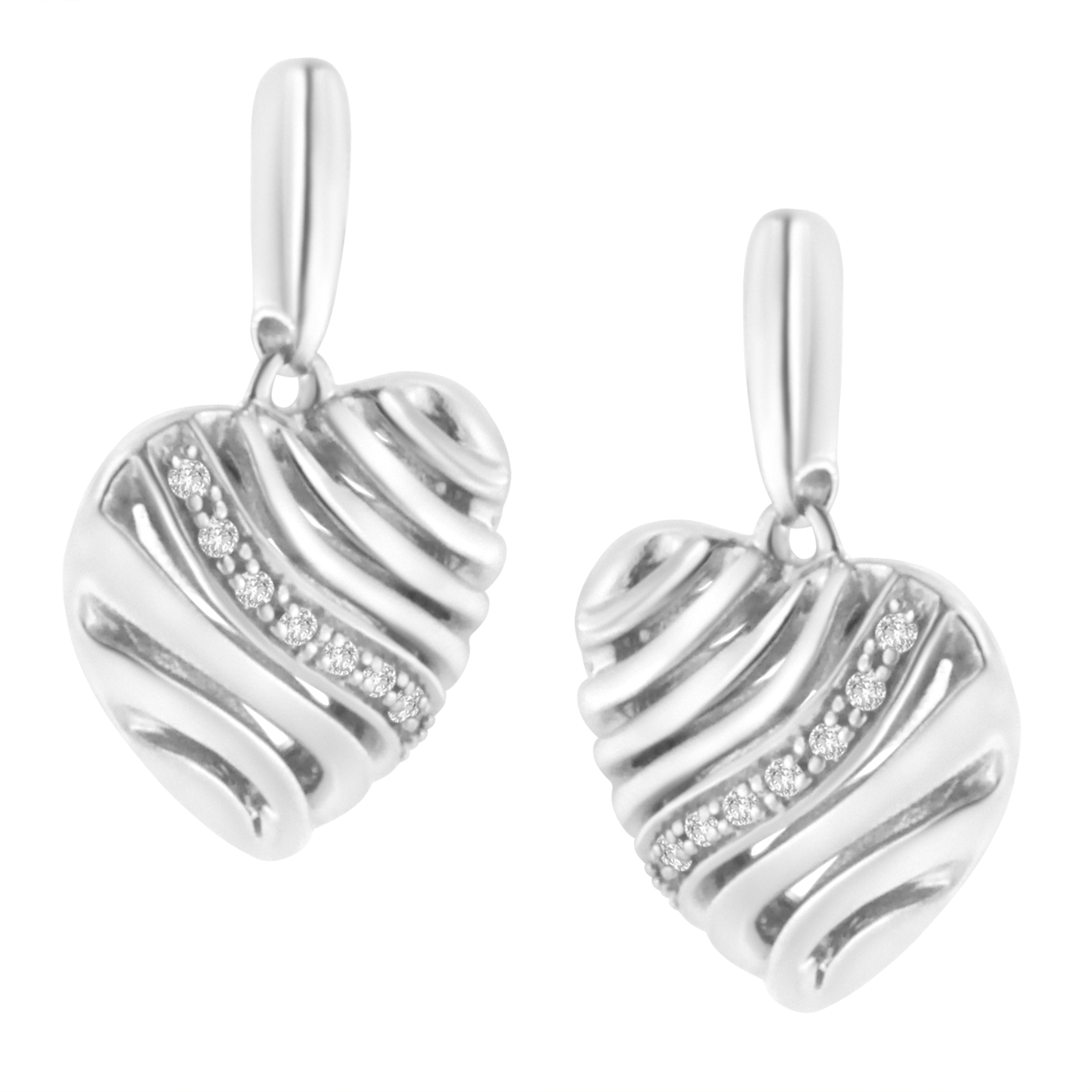 Contemporary .925 Sterling Silver Heart Diamond Accent Puff Earrings For Sale