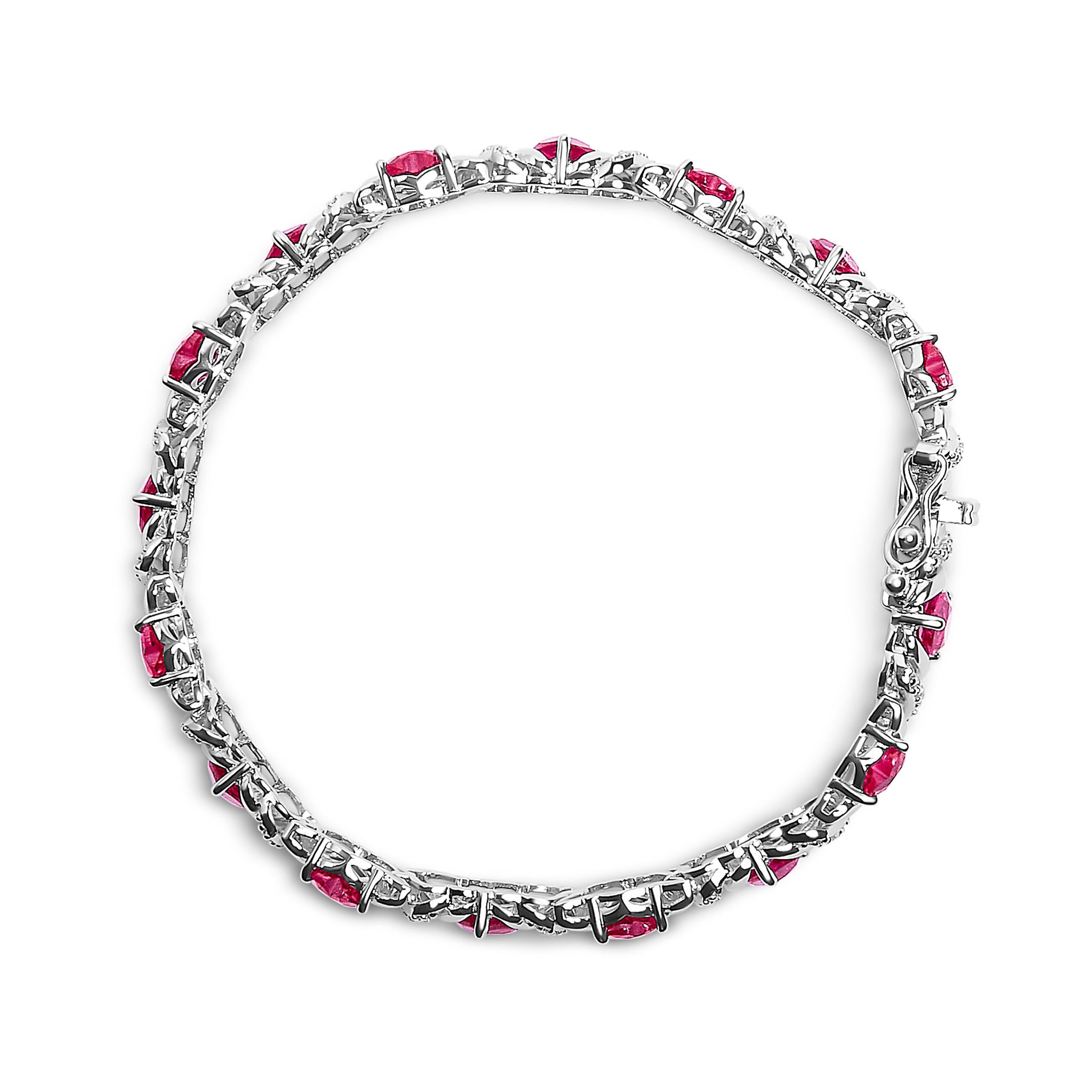 Contemporary .925 Sterling Silver Heart Shape Red Ruby & White Diamond Accent Link Bracelet For Sale