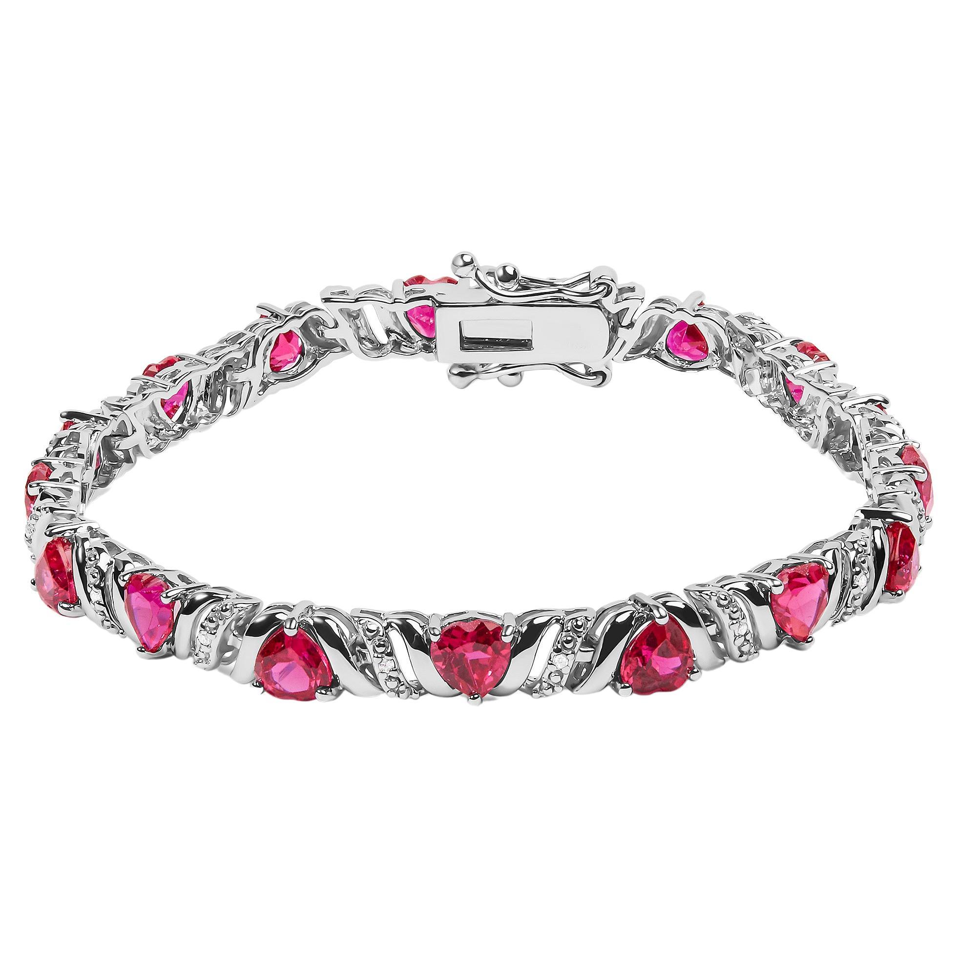 .925 Sterling Silver Heart Shape Red Ruby & White Diamond Accent Link Bracelet For Sale