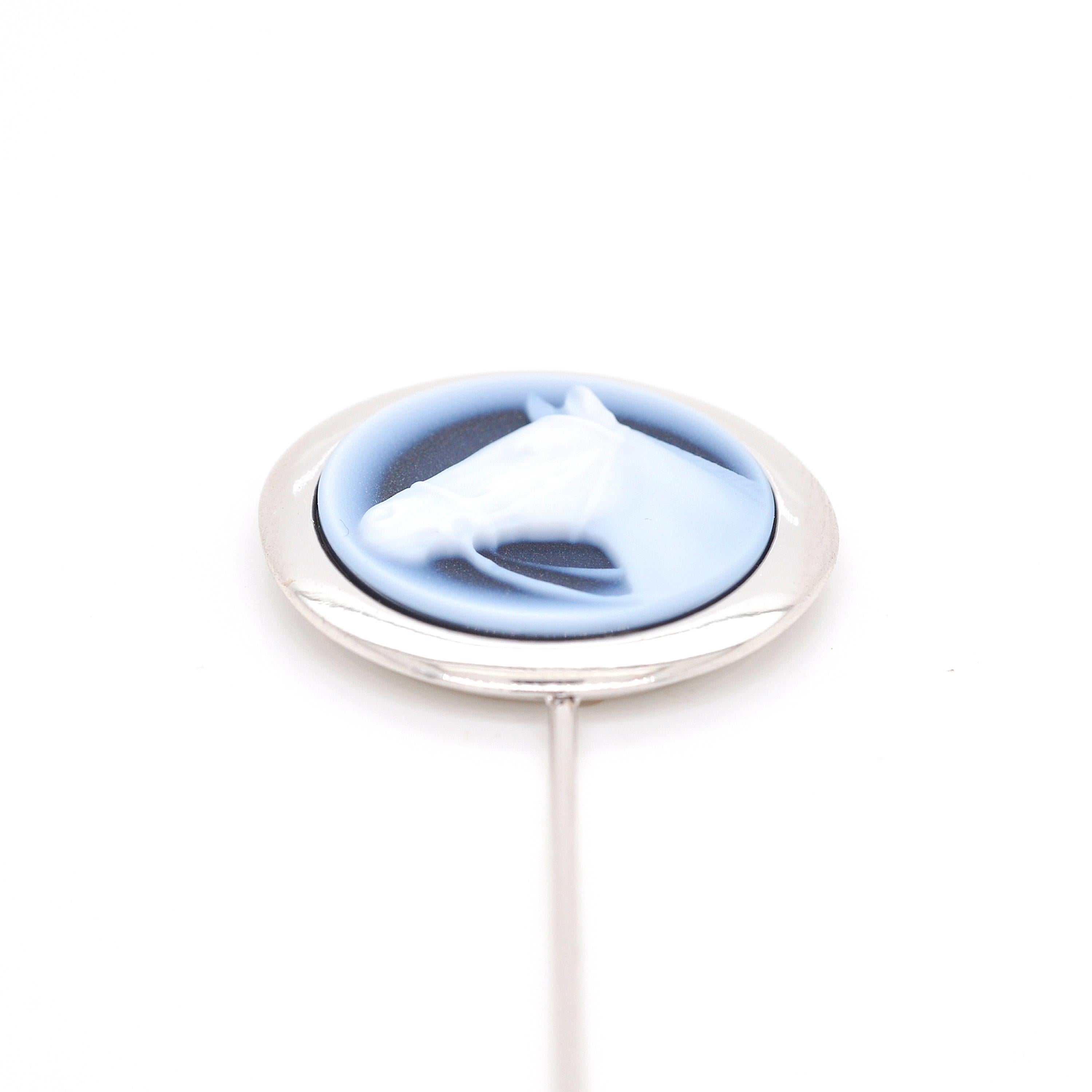 Round Cut 925 Sterling Silver Horse Agate Cameo Stick Pin Lapel Pin Brooch for Men For Sale