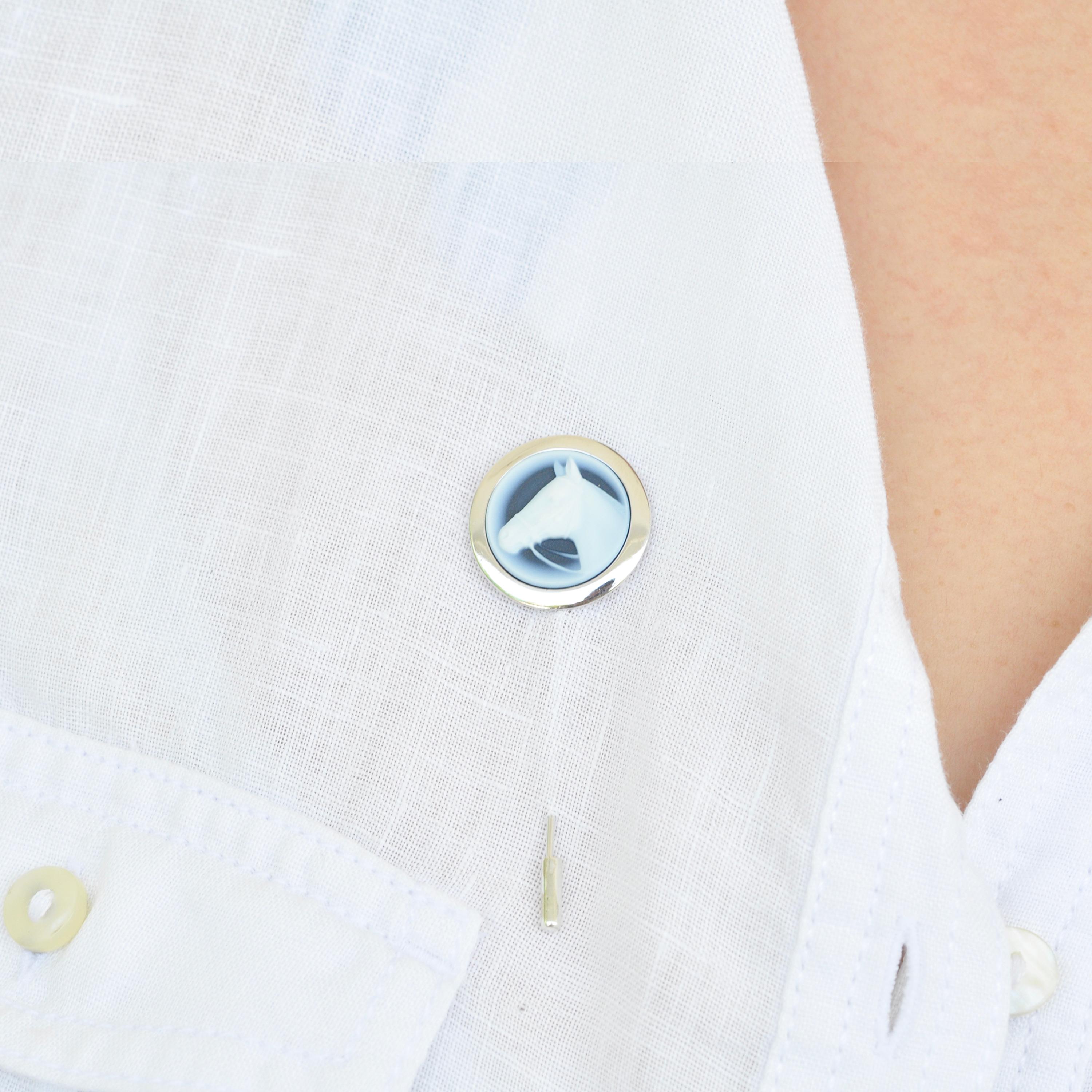 Women's or Men's 925 Sterling Silver Horse Agate Cameo Stick Pin Lapel Pin Brooch for Men For Sale