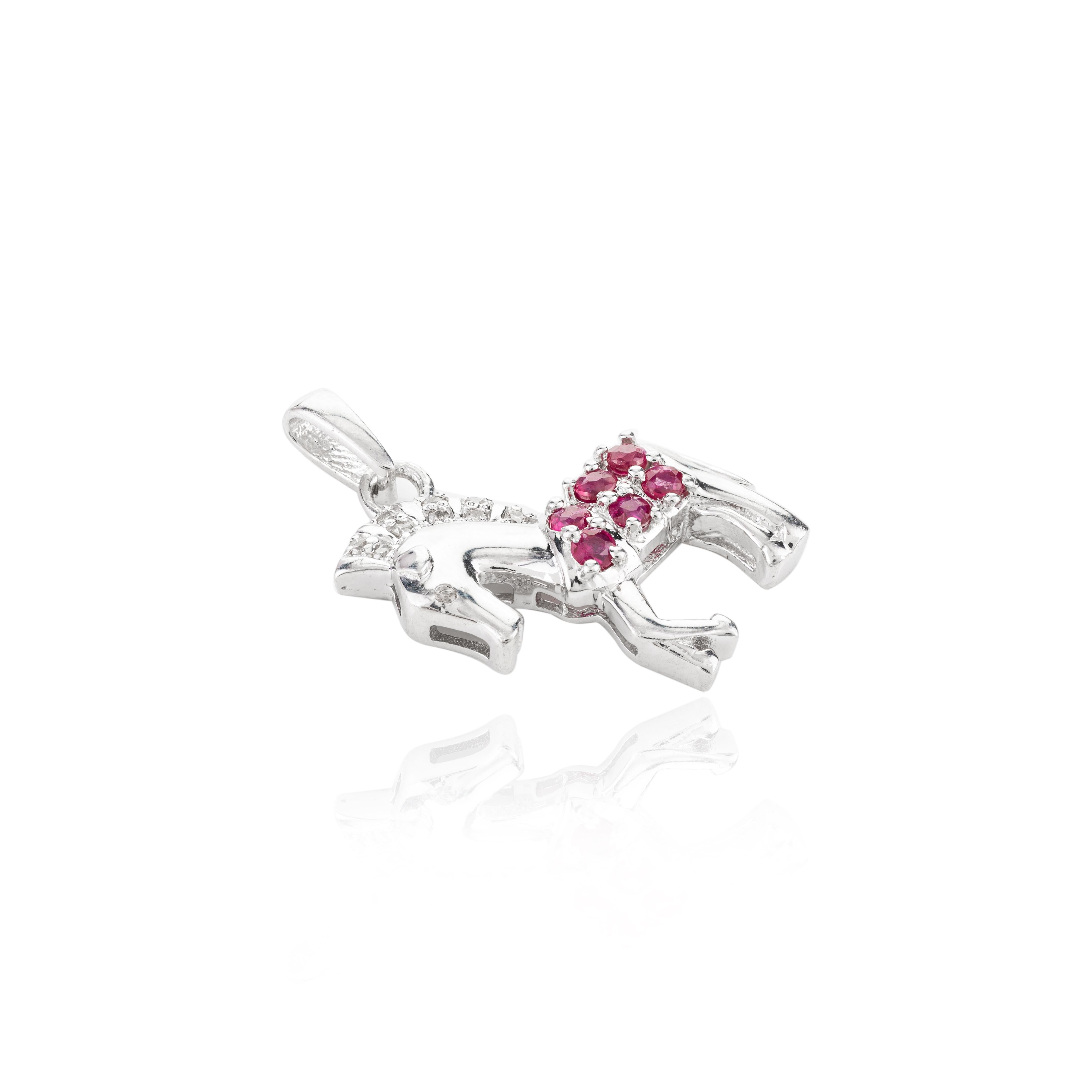 Contemporary 925 Sterling Silver Horse Pendant with Ruby and Diamond For Sale