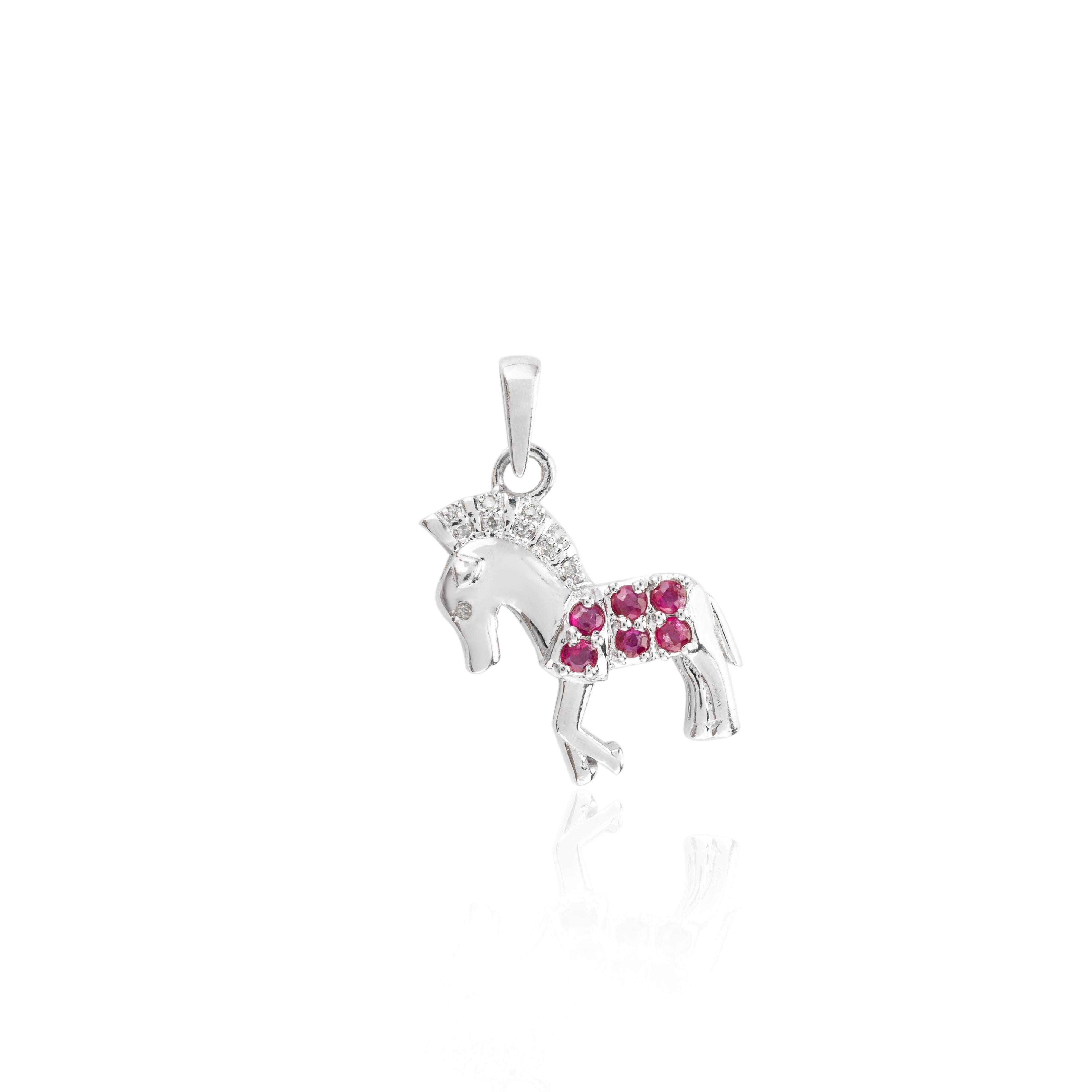 Women's or Men's 925 Sterling Silver Horse Pendant with Ruby and Diamond For Sale