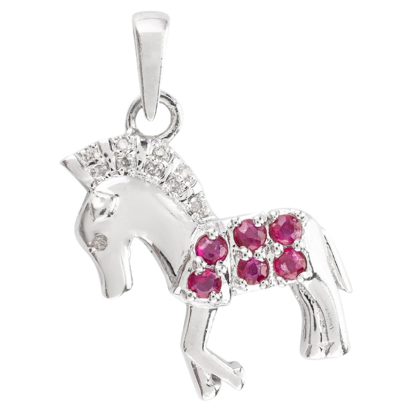 925 Sterling Silver Horse Pendant with Ruby and Diamond For Sale