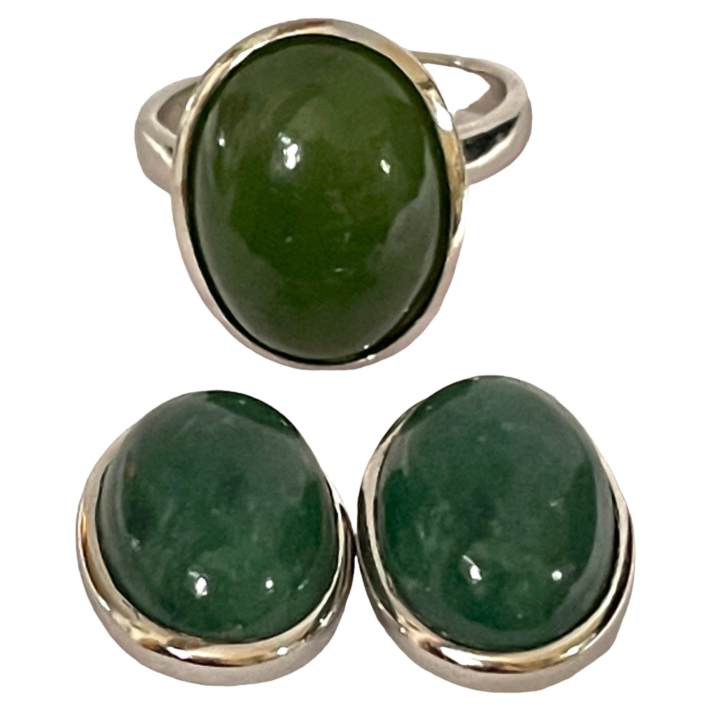 925 Sterling Silver Jade Post Earrings and Matching Ring For Sale
