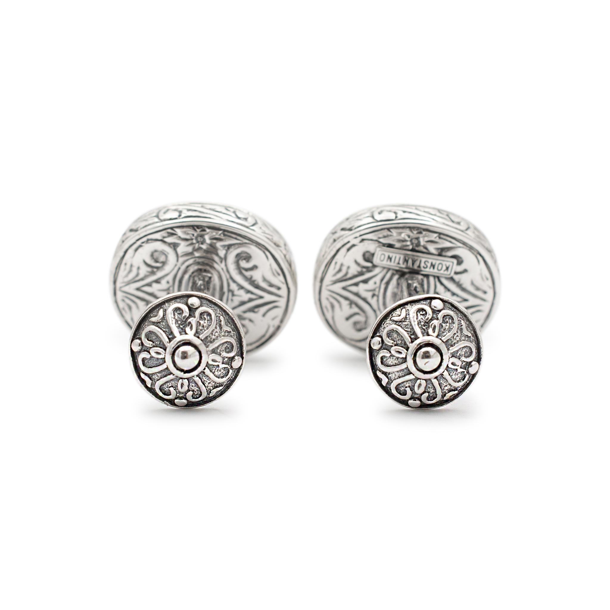 925 Sterling Silver Konstantino Round Lattice Cufflinks In Excellent Condition For Sale In Houston, TX