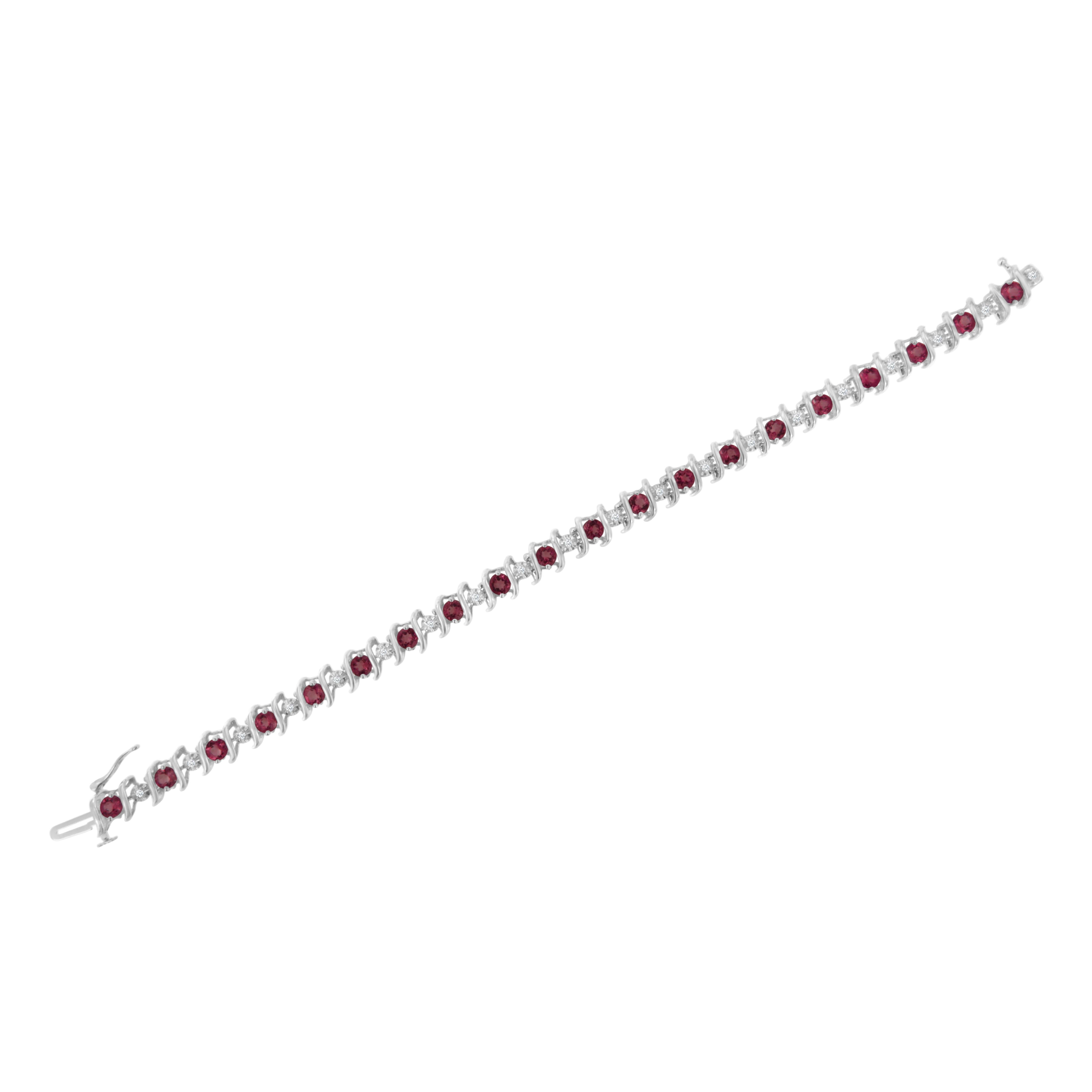 Contemporary .925 Sterling Silver Lab Created Ruby and Diamond S-Link Tennis Bracelet For Sale