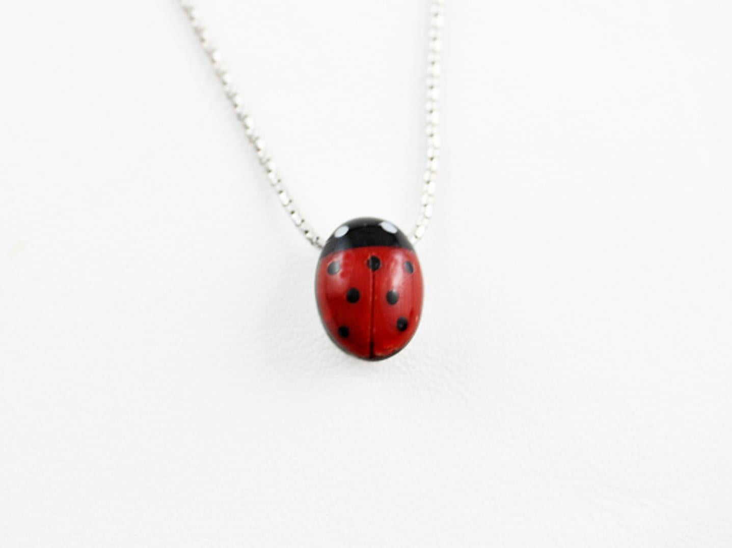 925 Sterling Silver Ladybug Red Mediterranean Coral Onyx Necklace  In New Condition For Sale In Milano, IT