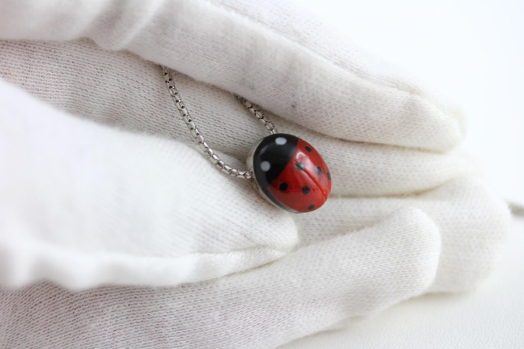 925 Sterling Silver Ladybug Red Mediterranean Coral Onyx Necklace  For Sale 1