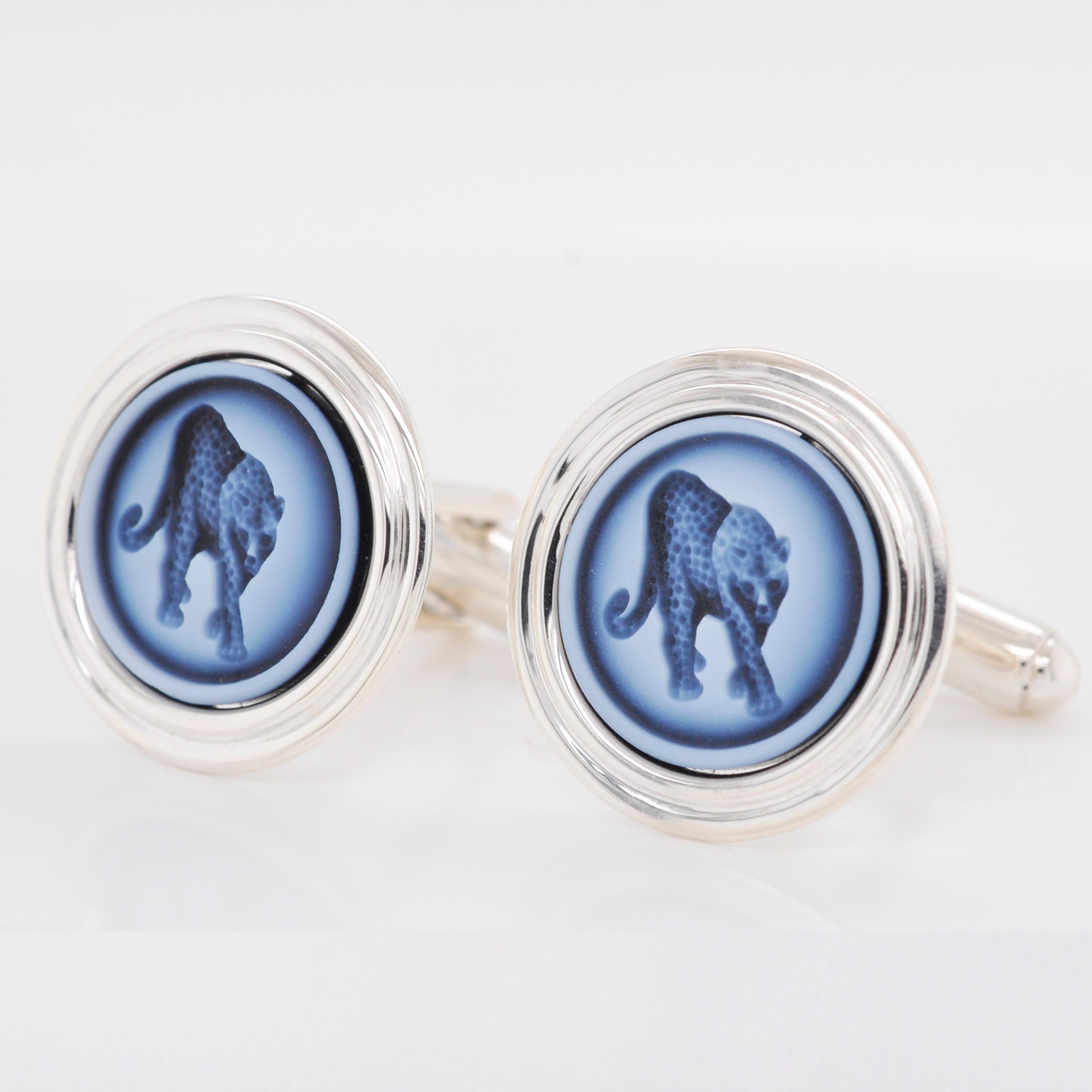 Mixed Cut Sterling Silver Leopard Intaglio Agate Cameo Carving Cufflinks