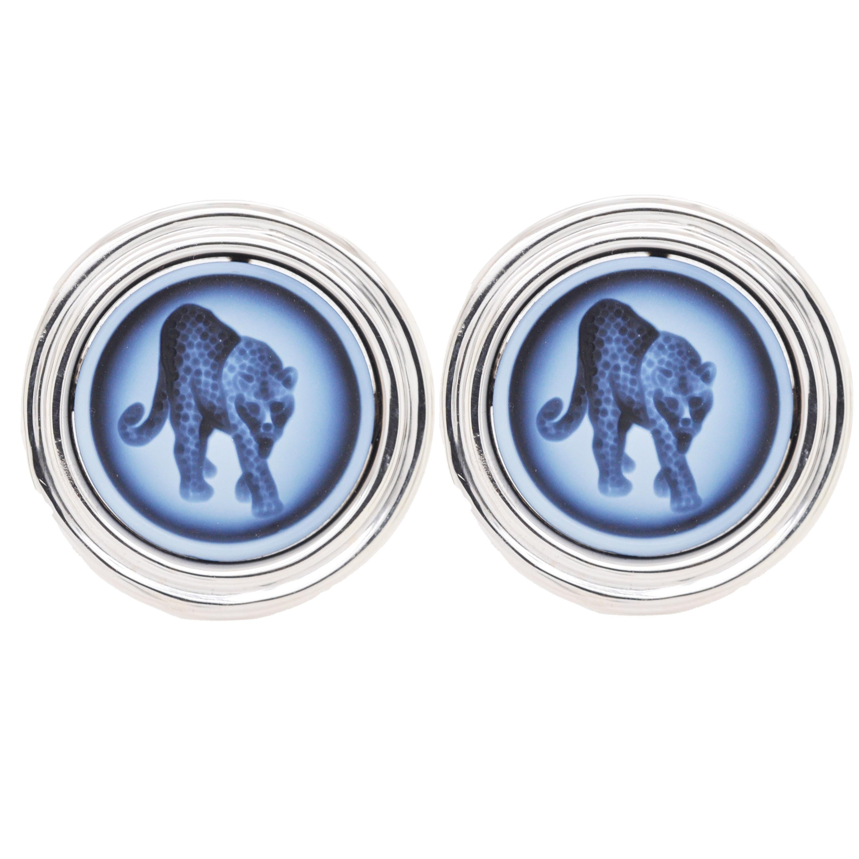 Sterling Silver Leopard Intaglio Agate Cameo Carving Cufflinks