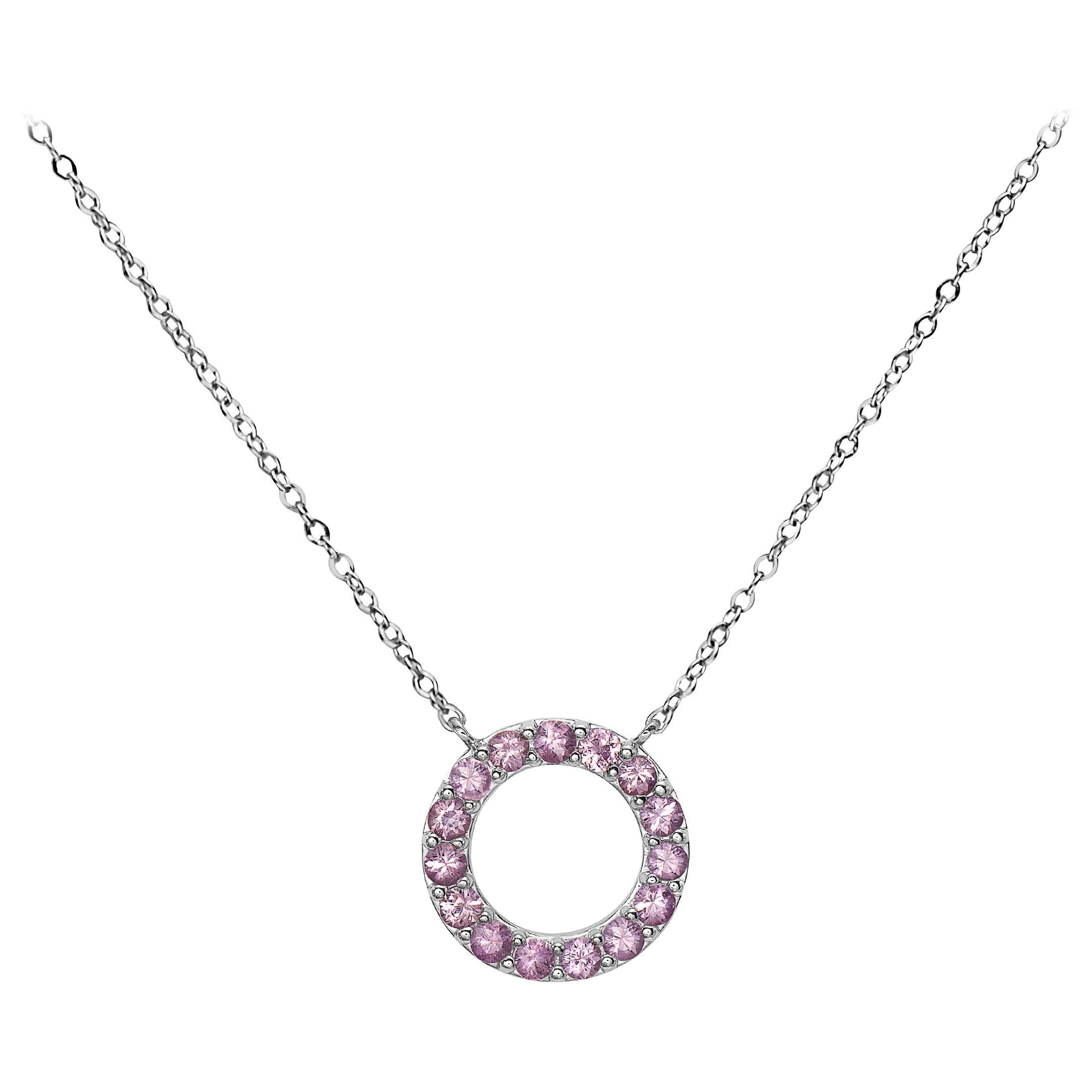 .925 Sterling Silver Light Pink Sapphire Circle Pendant Necklace For Sale