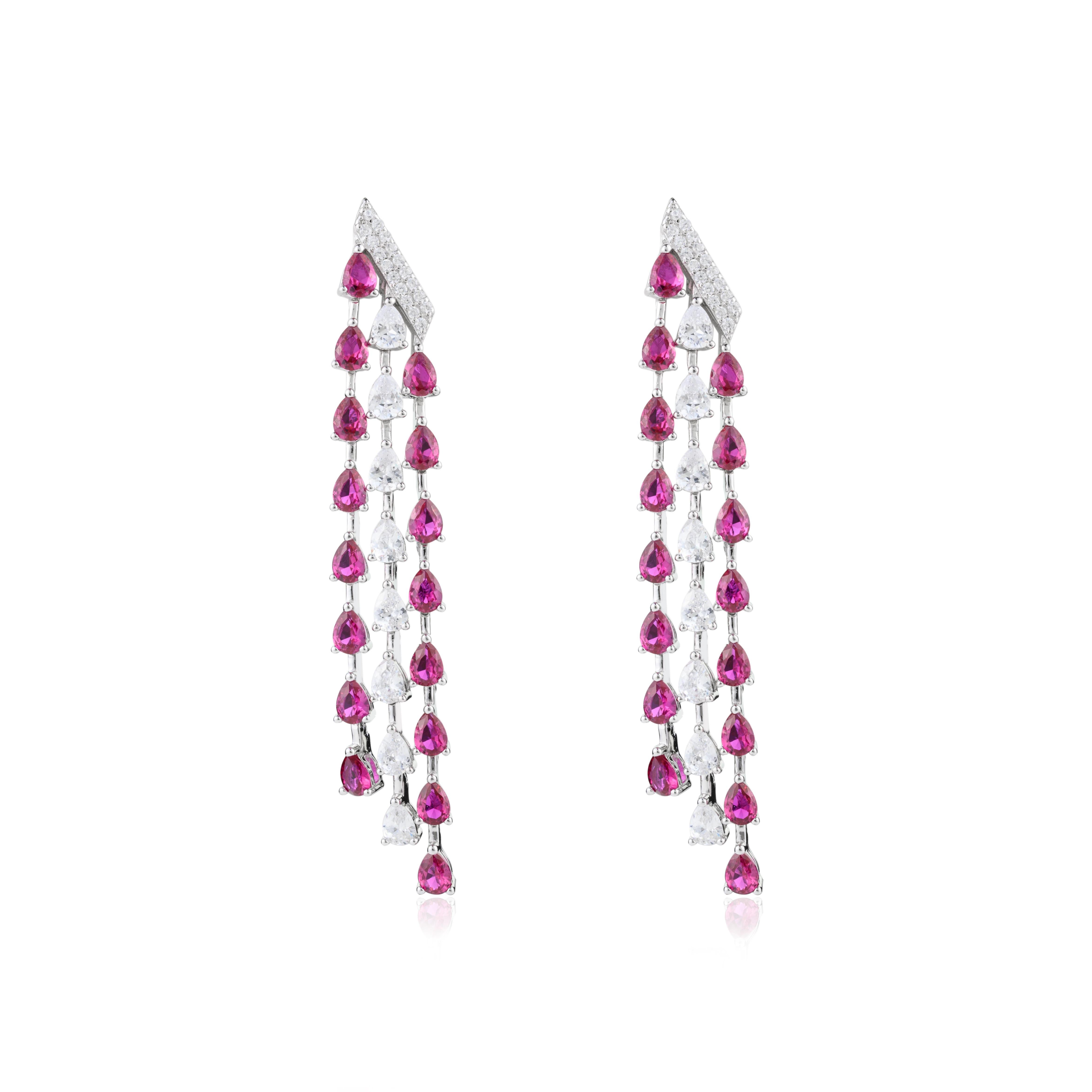 Modern 925 Sterling Silver Long Pink and White Zircon Drop Earrings for Engagement For Sale