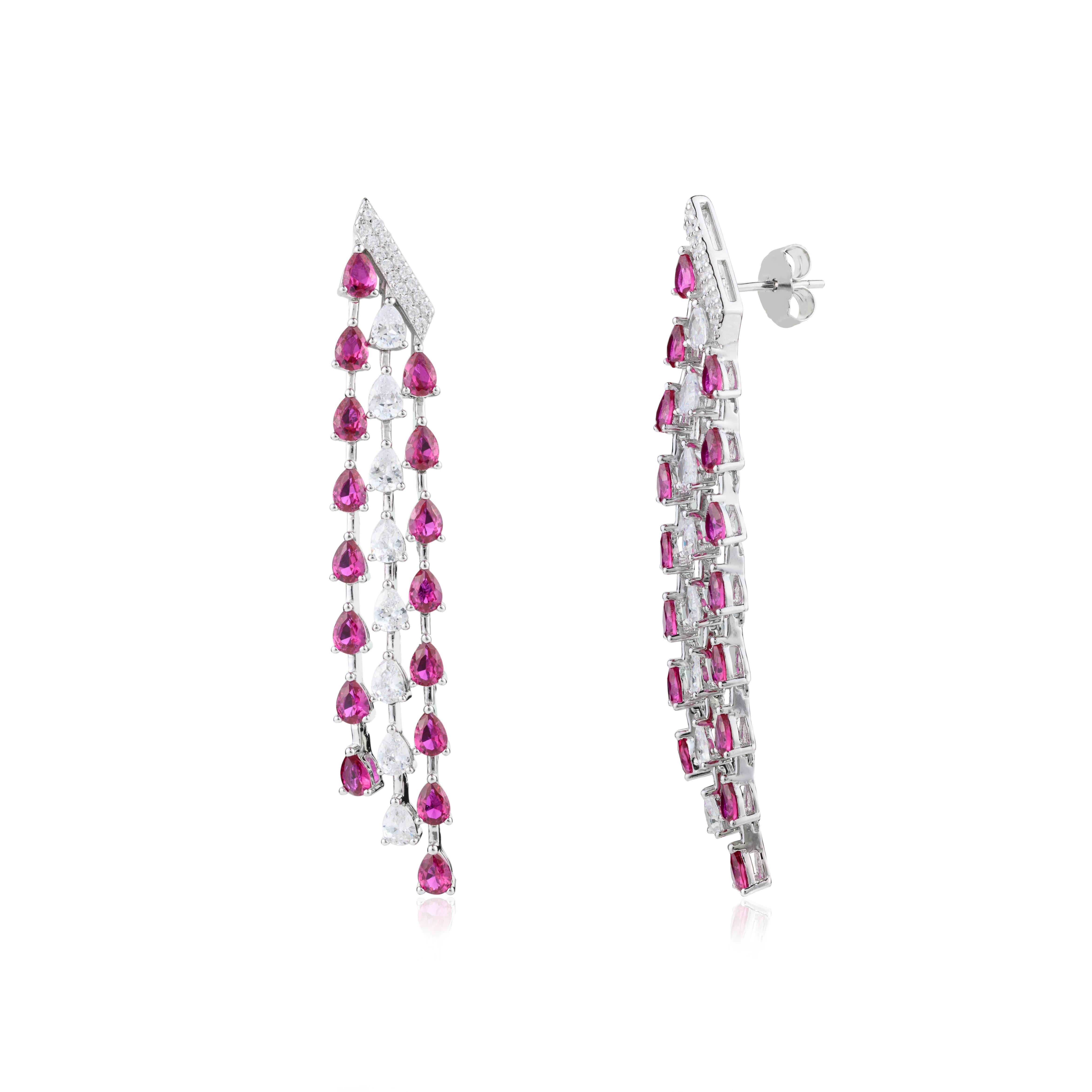 925 Sterling Silver Long Pink and White Zircon Drop Earrings for Engagement In New Condition For Sale In New York, NY