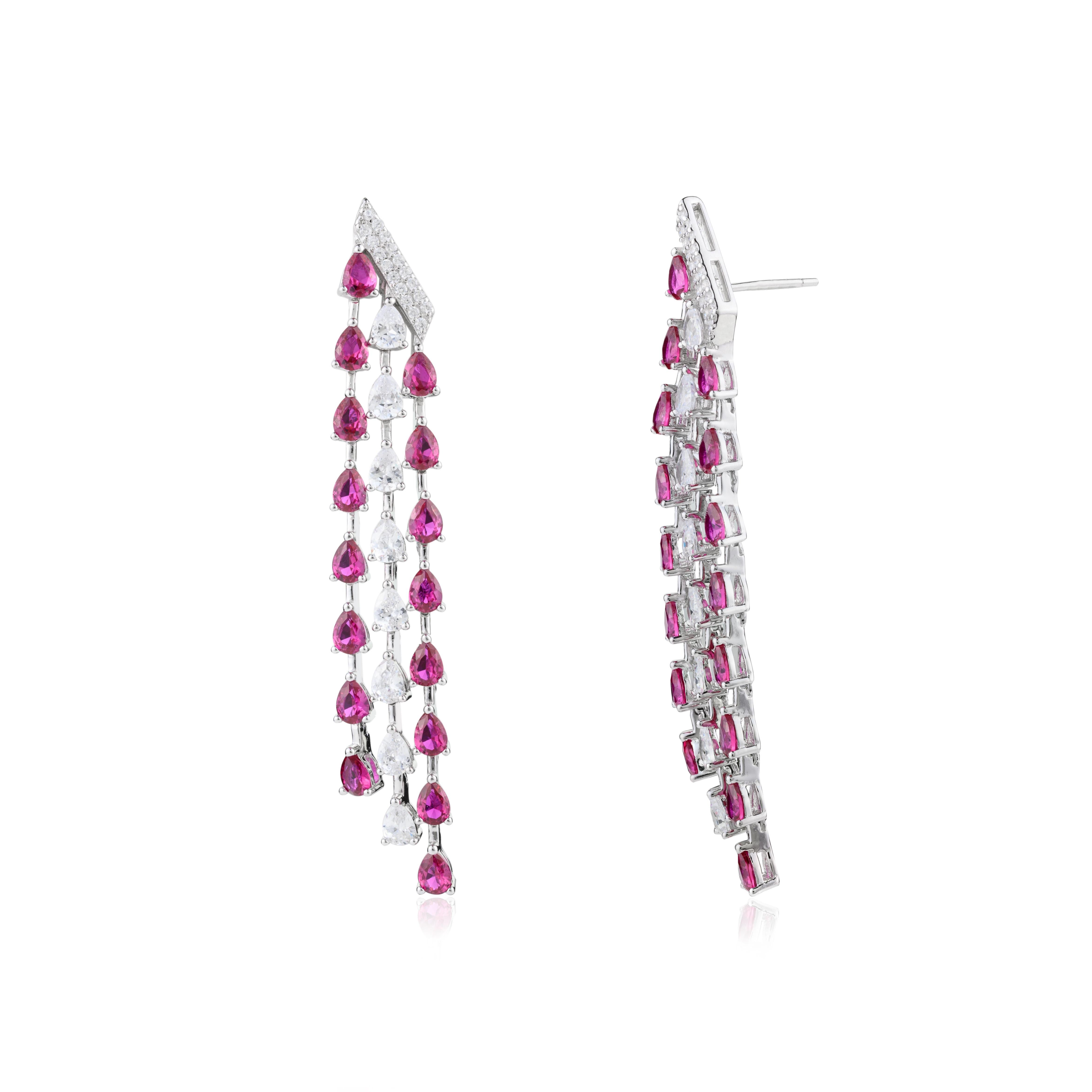 925 Sterling Silver Long Pink and White Zircon Drop Earrings for Engagement For Sale 1