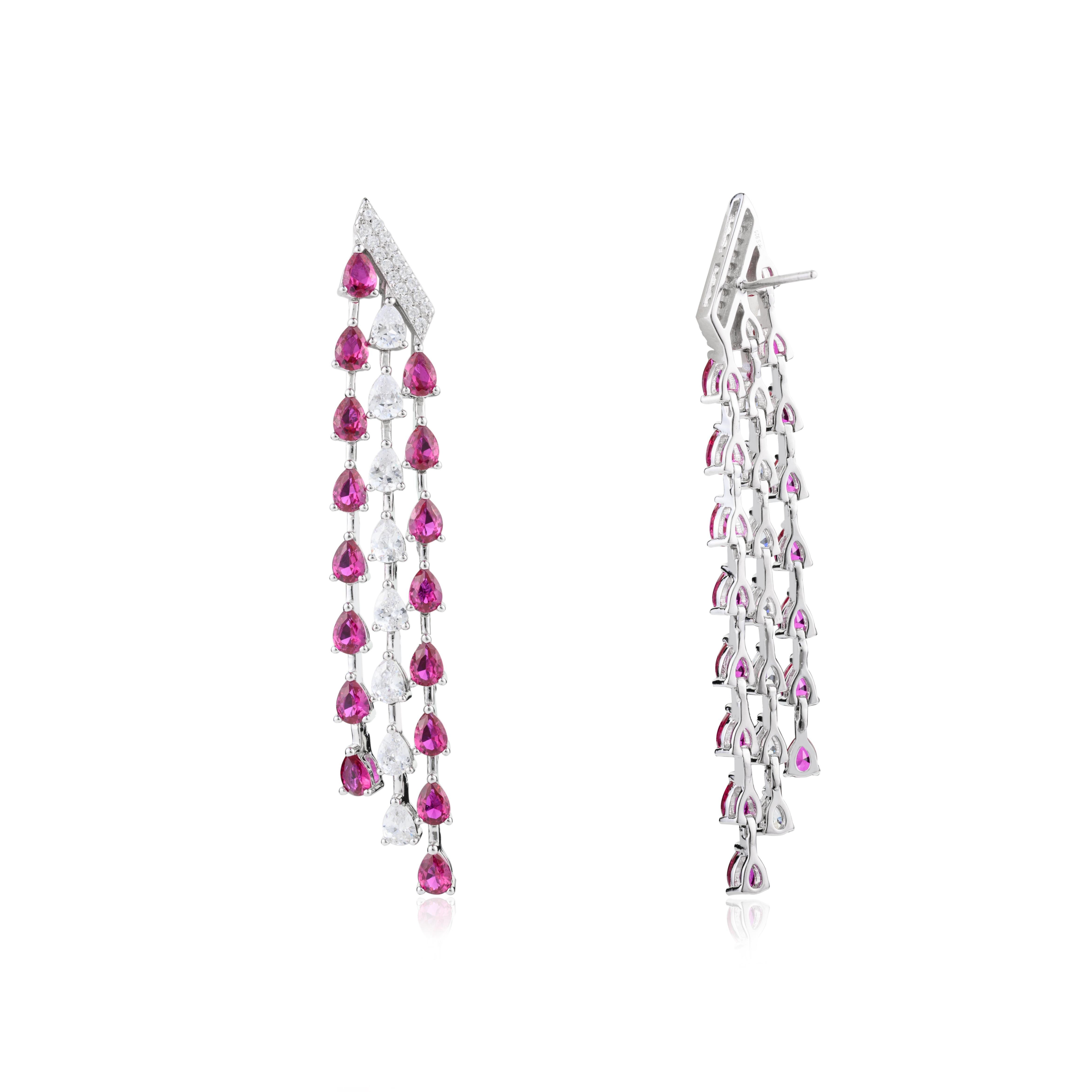 925 Sterling Silver Long Pink and White Zircon Drop Earrings for Engagement For Sale 3
