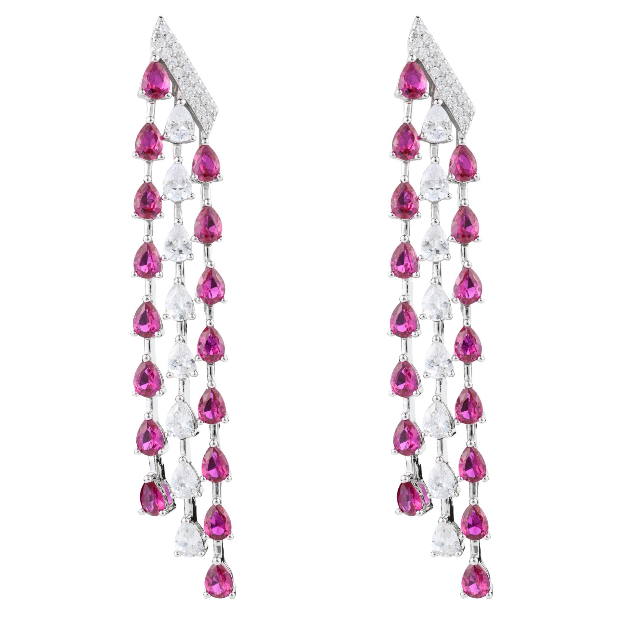 925 Sterling Silver Long Pink and White Zircon Drop Earrings for Engagement For Sale