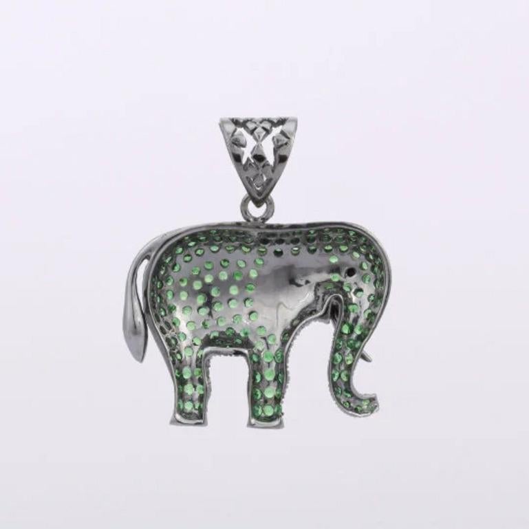 Artist 925 Sterling Silver Lucky Charm Elephant Pendant Micro Pave Tsavorite For Sale