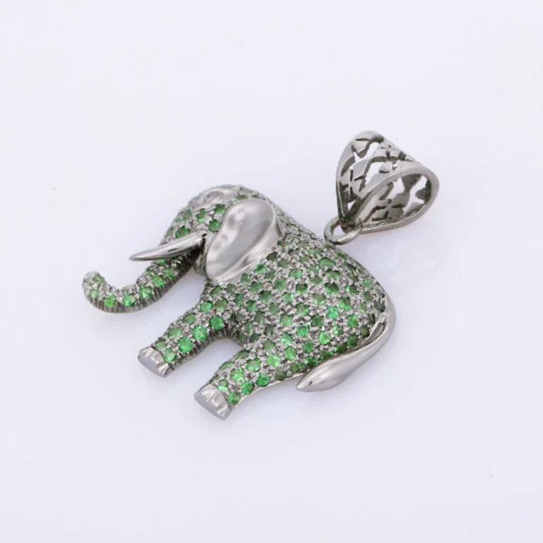 Round Cut 925 Sterling Silver Lucky Charm Elephant Pendant Micro Pave Tsavorite For Sale