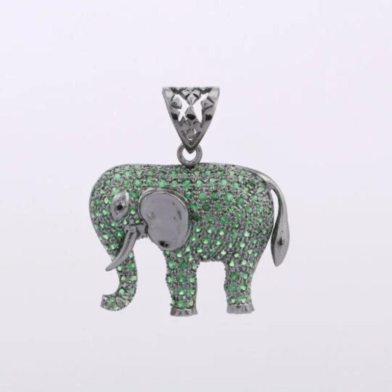 Women's 925 Sterling Silver Lucky Charm Elephant Pendant Micro Pave Tsavorite For Sale