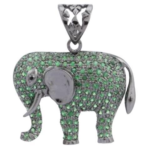 925 Sterling Silver Lucky Charm Elephant Pendant Micro Pave Tsavorite For Sale