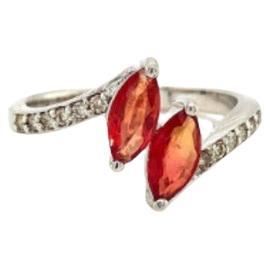 For Sale:  .925 Sterling Silver Marquise Cut Orange Sapphire Two Stone Ring with Diamonds