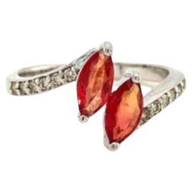 For Sale:  925 Sterling Silver Marquise Cut Orange Sapphire Two Stone Ring with Diamonds