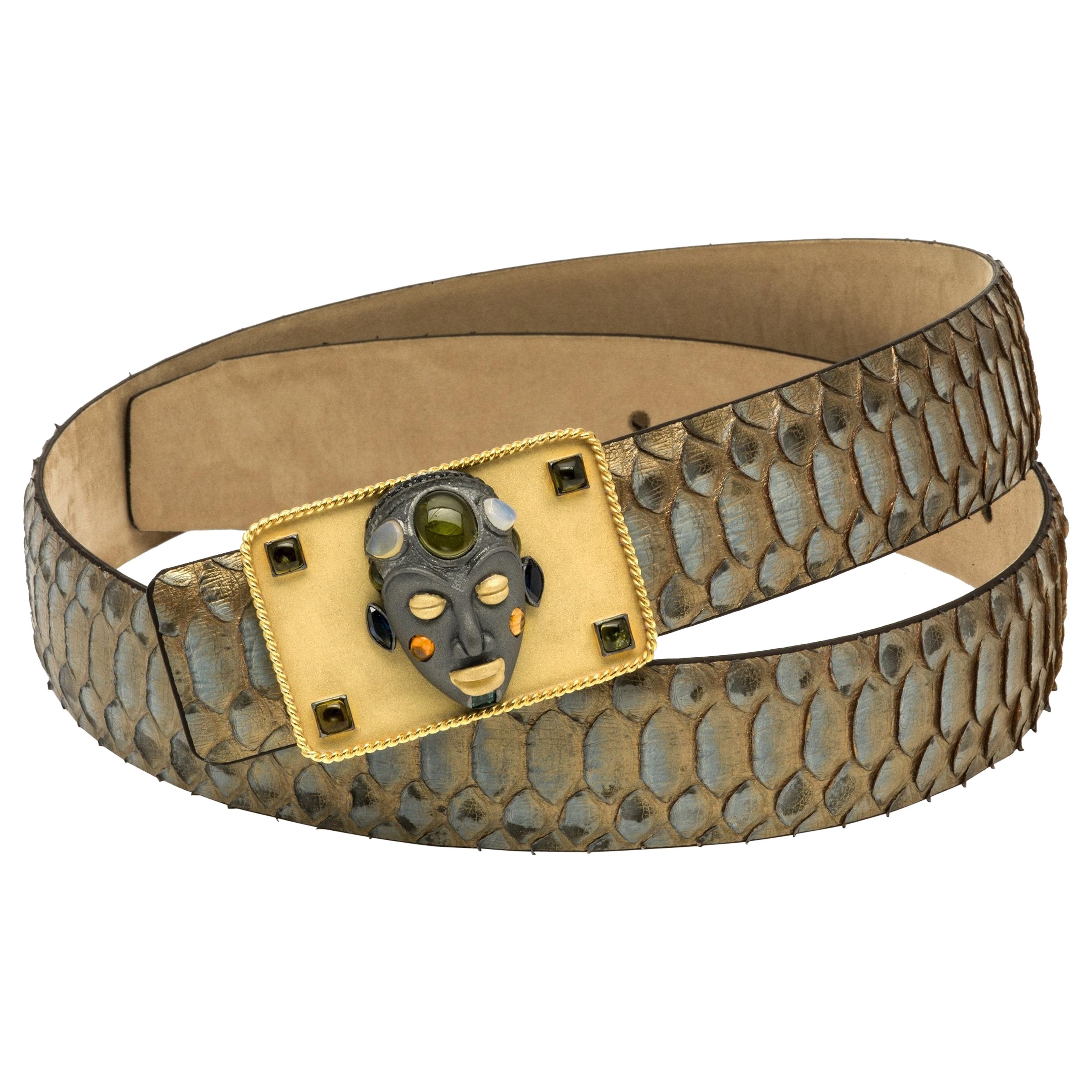 925 Sterling Silver Masaai Belt Buckle with 14.15 Ct Tourmaline, 0.50 Ct Emerald For Sale