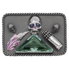 925 Sterling Silver Memento Mori Belt Buckle with 29.70 Carat Aquamarine, Spinel
