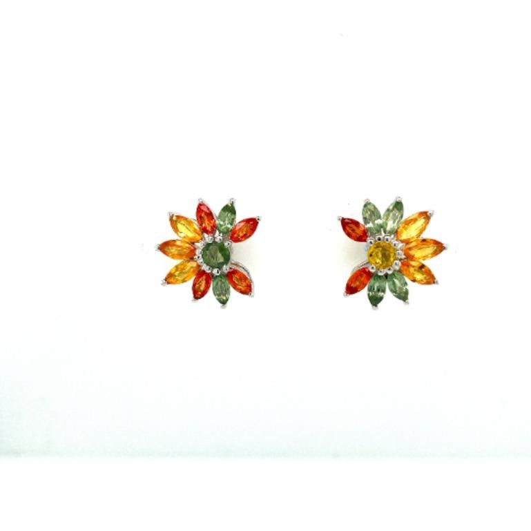 Mixed Cut 925 Sterling Silver Modern Designer Multi Sapphire Floral Earrings for Gift For Sale