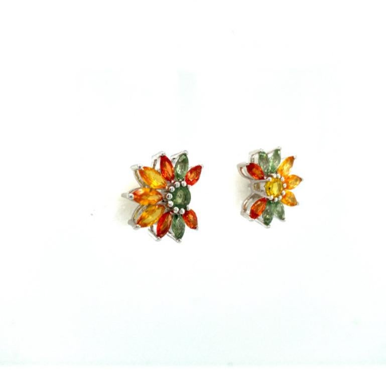 Contemporary 925 Sterling Silver Modern Designer Multi Sapphire Floral Earrings for Her For Sale