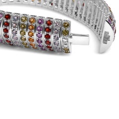 .925 Sterling Silver Multi Row Rainbow Gemstone Bangle Bracelet