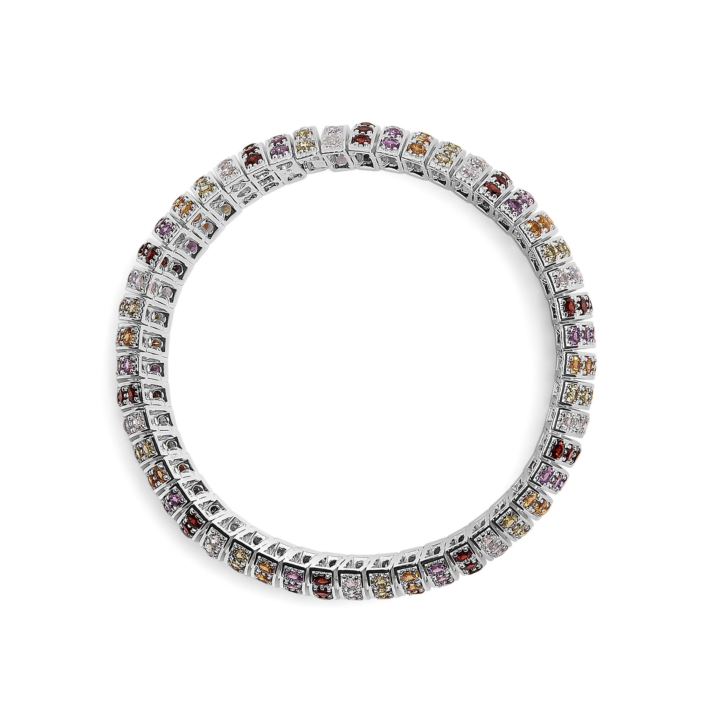 Contemporary .925 Sterling Silver Multi Row Rainbow Gemstone Bangle Bracelet