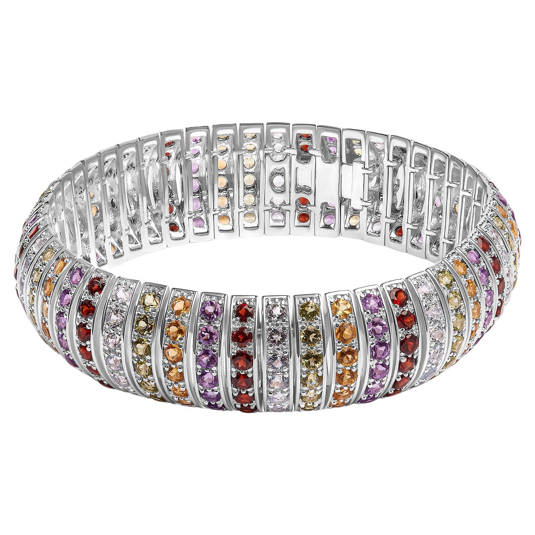.925 Sterling Silver Multi Row Rainbow Gemstone Bangle Bracelet