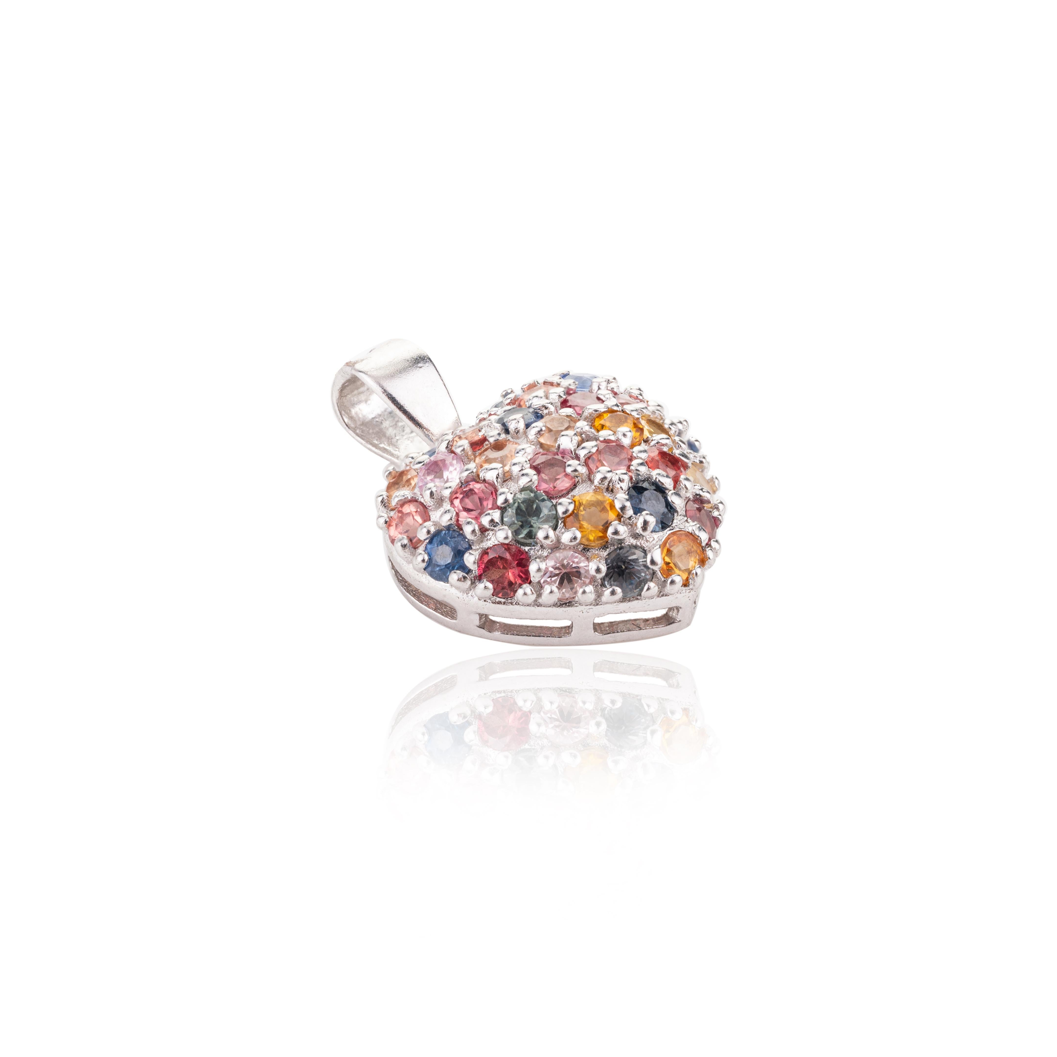 .925 Sterling Silver Multi Sapphire Heart Pendant Valentine Gift for Her In New Condition For Sale In Houston, TX