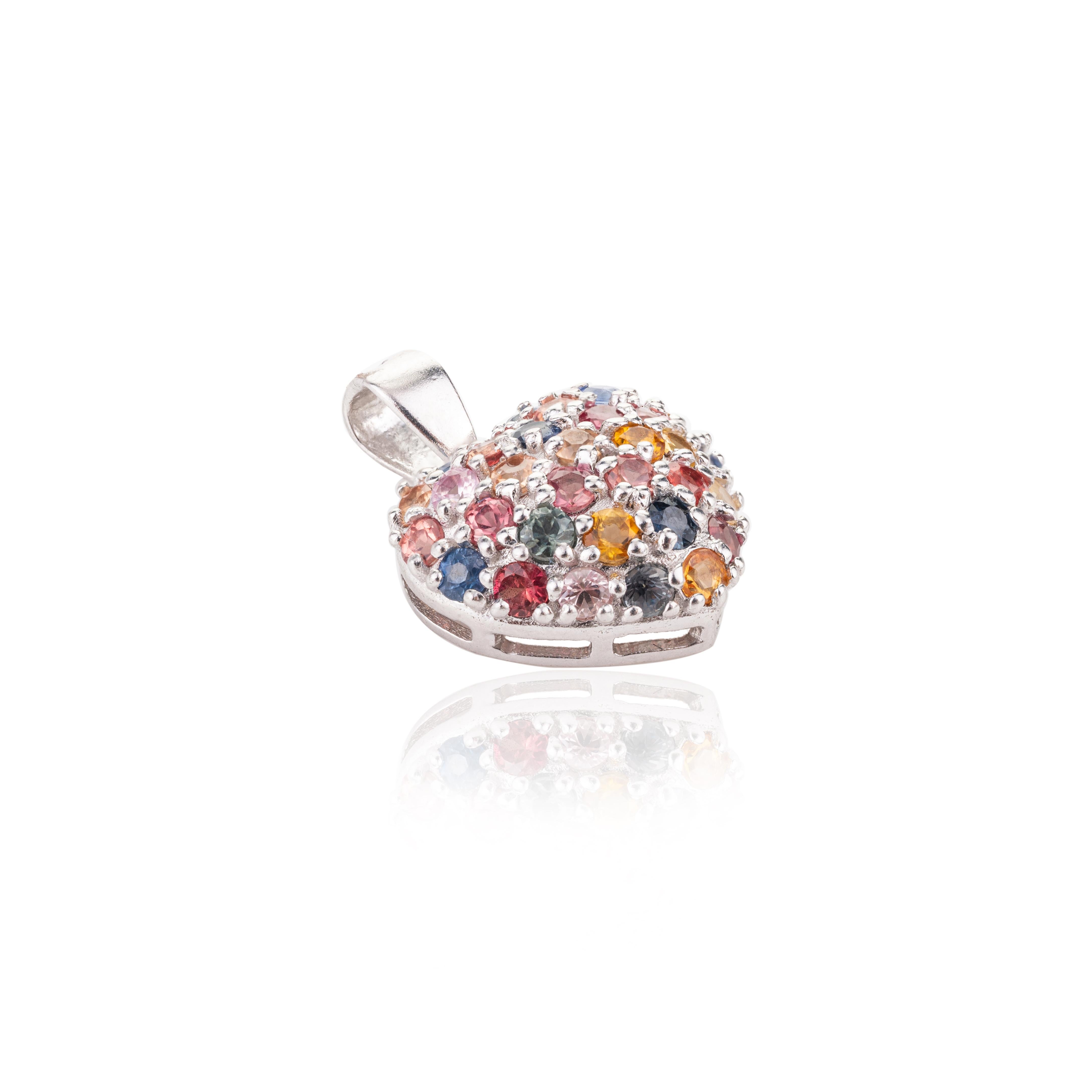 925 Sterling Silver Multi Sapphire Heart Pendant Valentine Gift for Her In New Condition For Sale In New York, NY