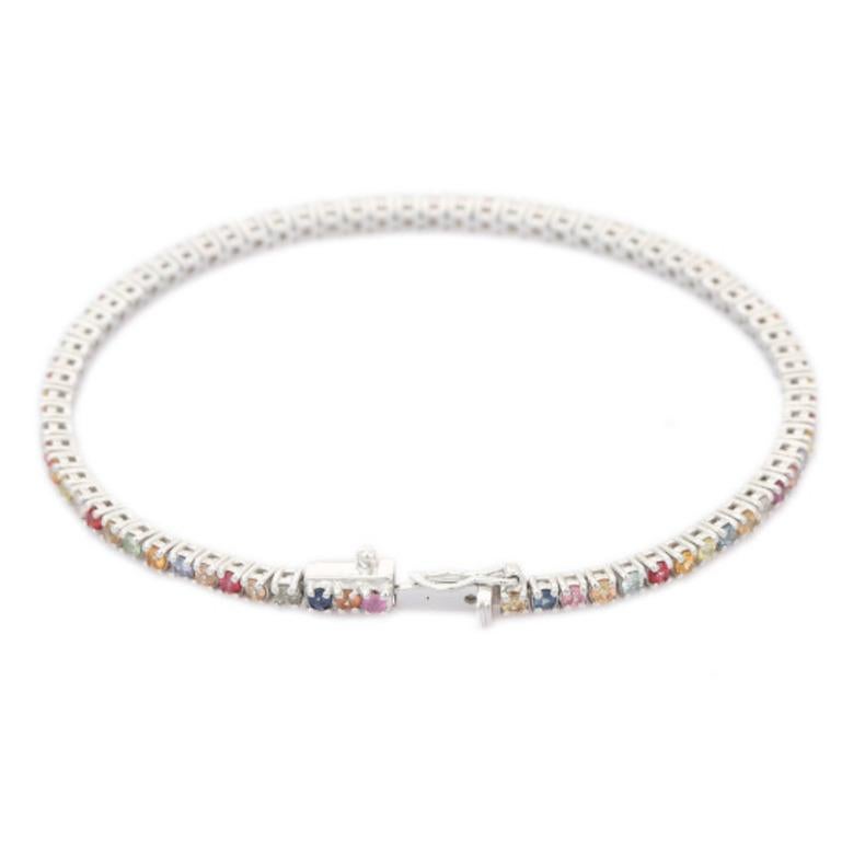 925 Sterling Silver Multi Sapphire Line Bracelet for Her, Valentine Gift  In New Condition For Sale In Houston, TX