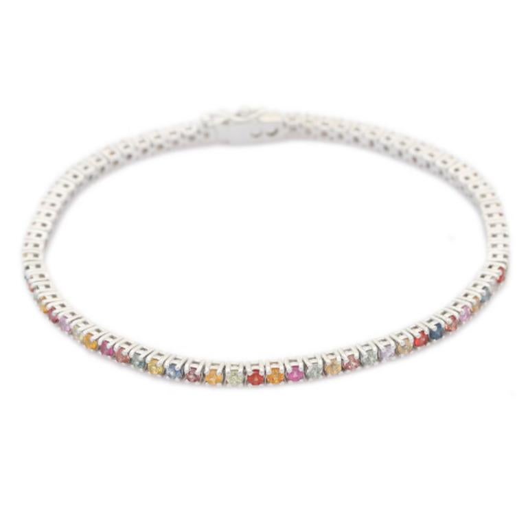 Women's 925 Sterling Silver Multi Sapphire Line Bracelet for Her, Valentine Gift  For Sale