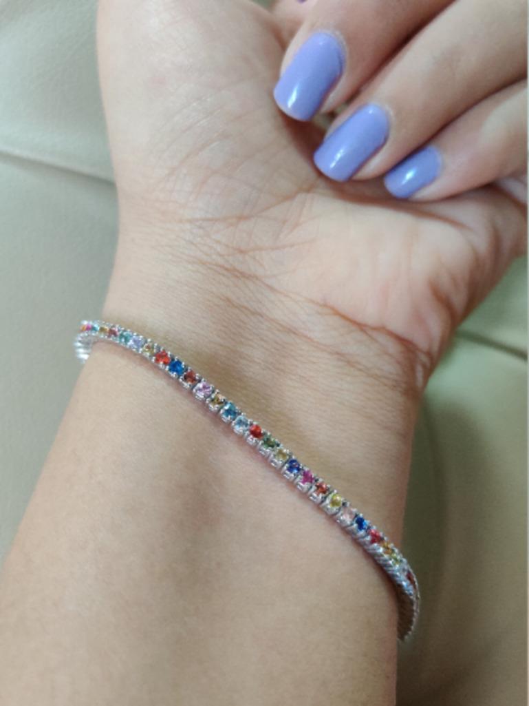 925 Sterling Silver Multi Sapphire Line Bracelet for Her, Valentine Gift  For Sale 1